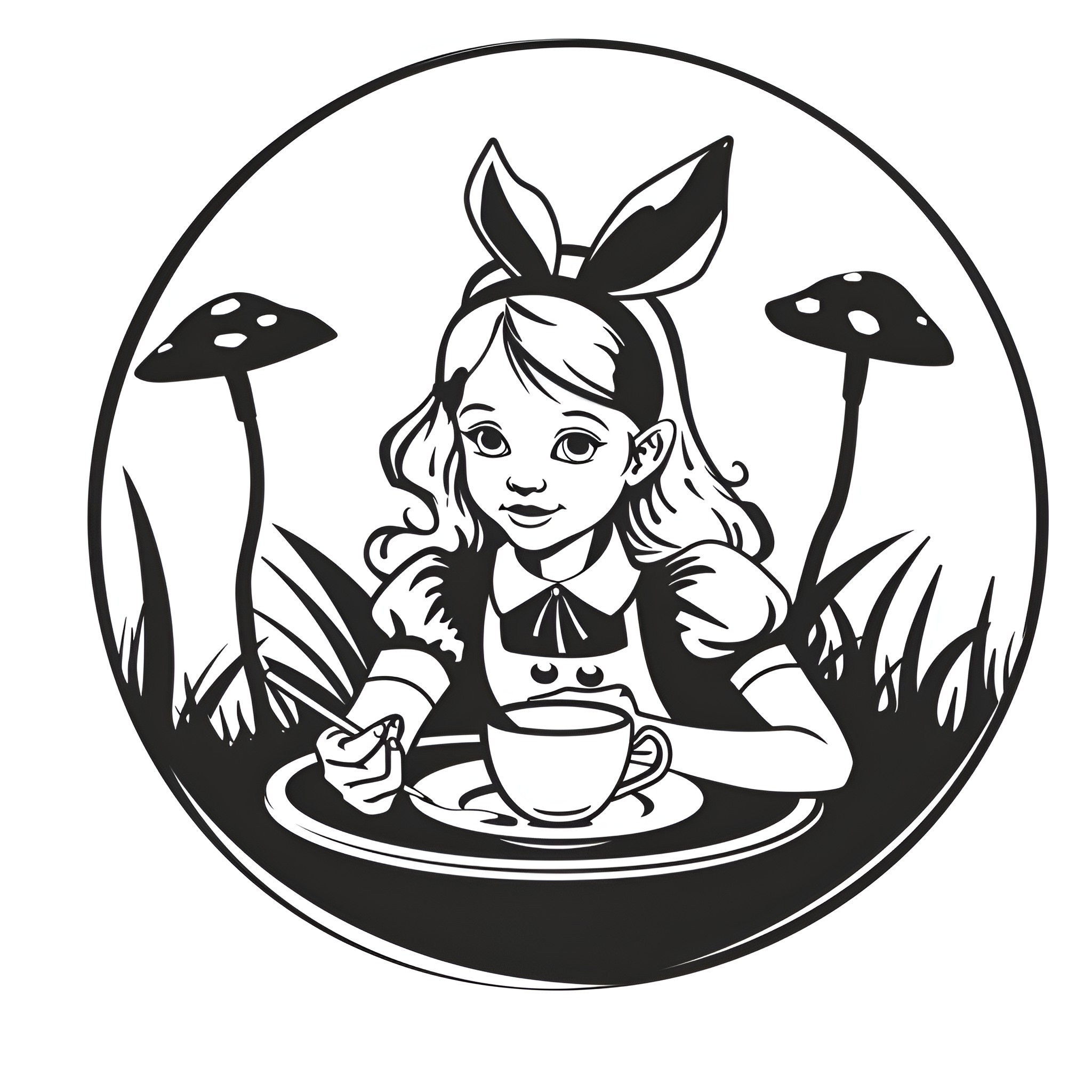 Alice In Wonderland enjoying tea with mushrooms Drawing Idea (free black-and-white line drawing printable PDF for all, from beginners to advanced learners, including children, teens, adults, and seniors)