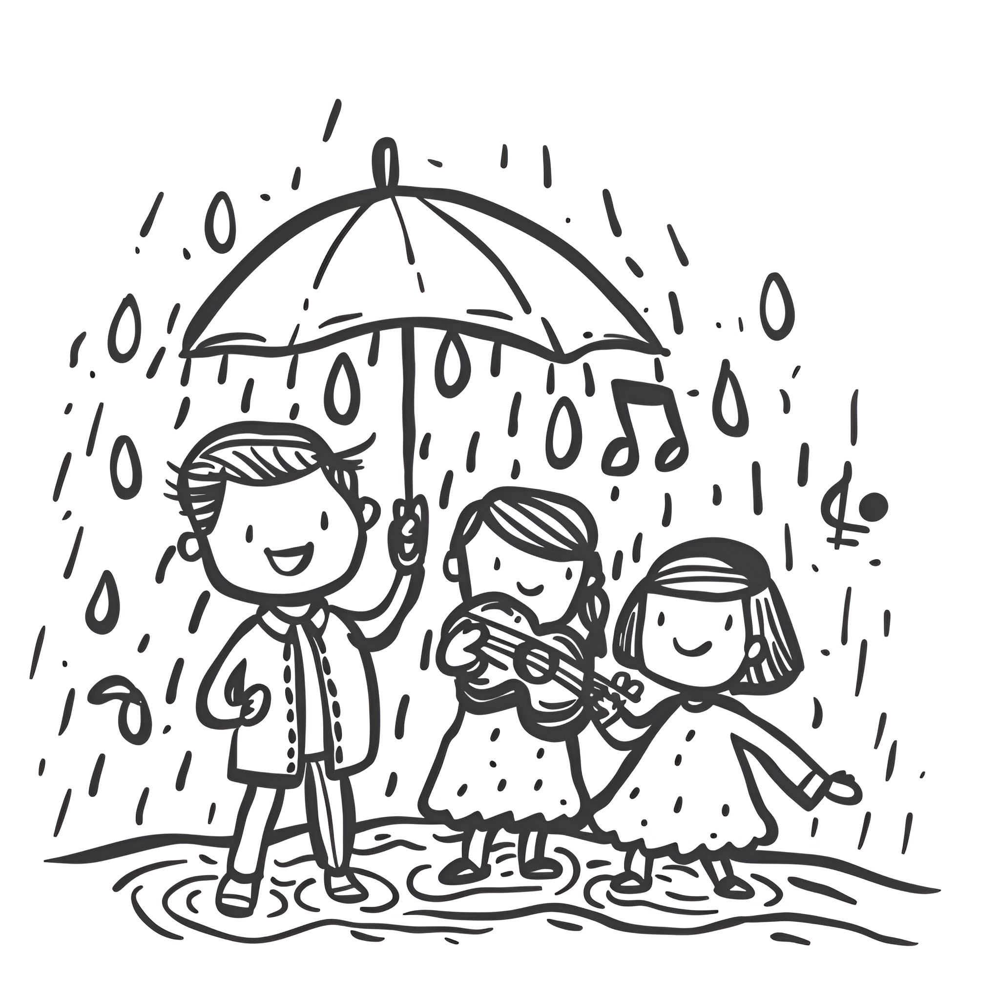 Music Lovers Enjoying Rainy Day Drawing Idea (free black-and-white line drawing printable PDF for all, from beginners to advanced learners, including children, teens, adults, and seniors)