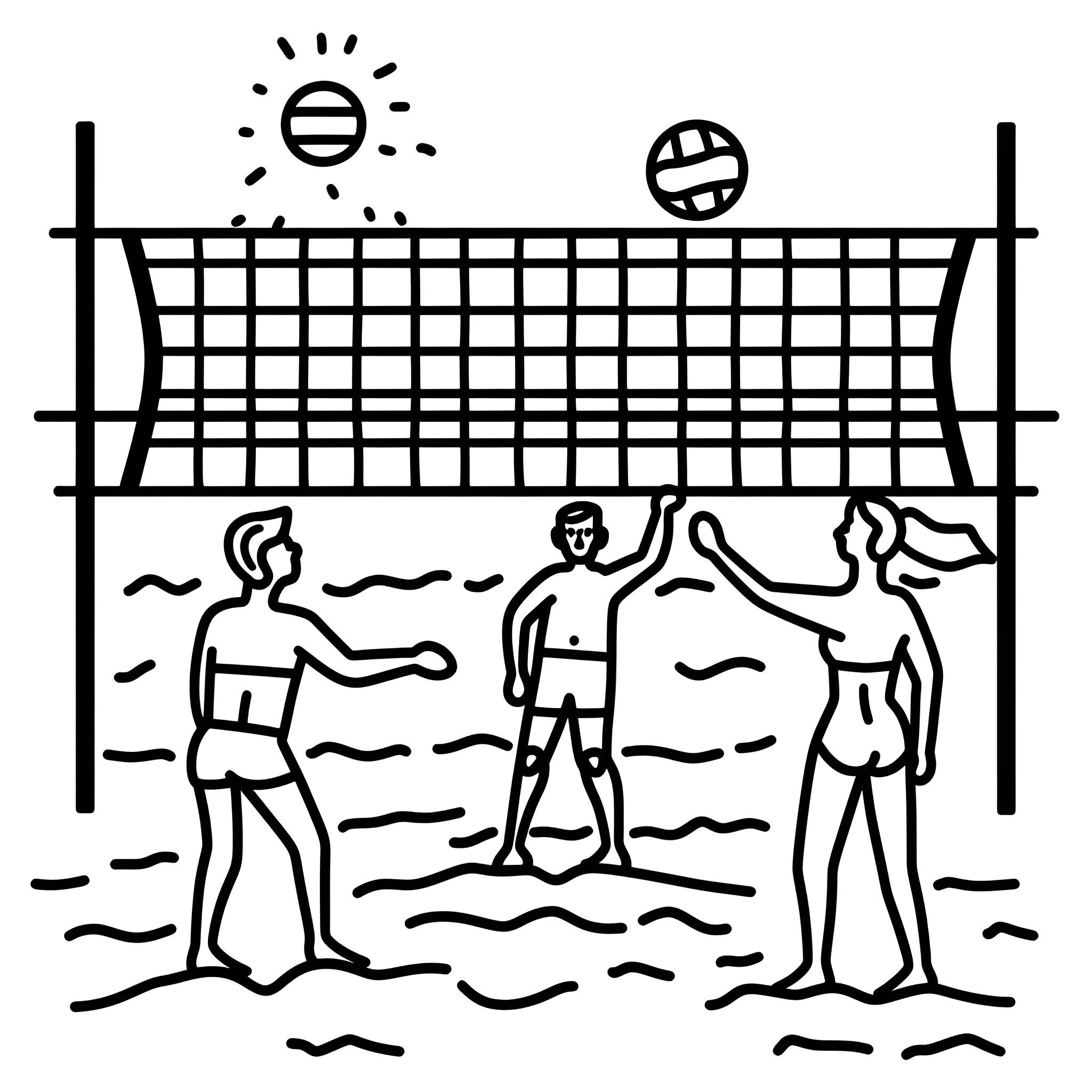 Beach volleyball players in action Drawing Idea (free black-and-white line drawing printable PDF for all, from beginners to advanced learners, including children, teens, adults, and seniors)