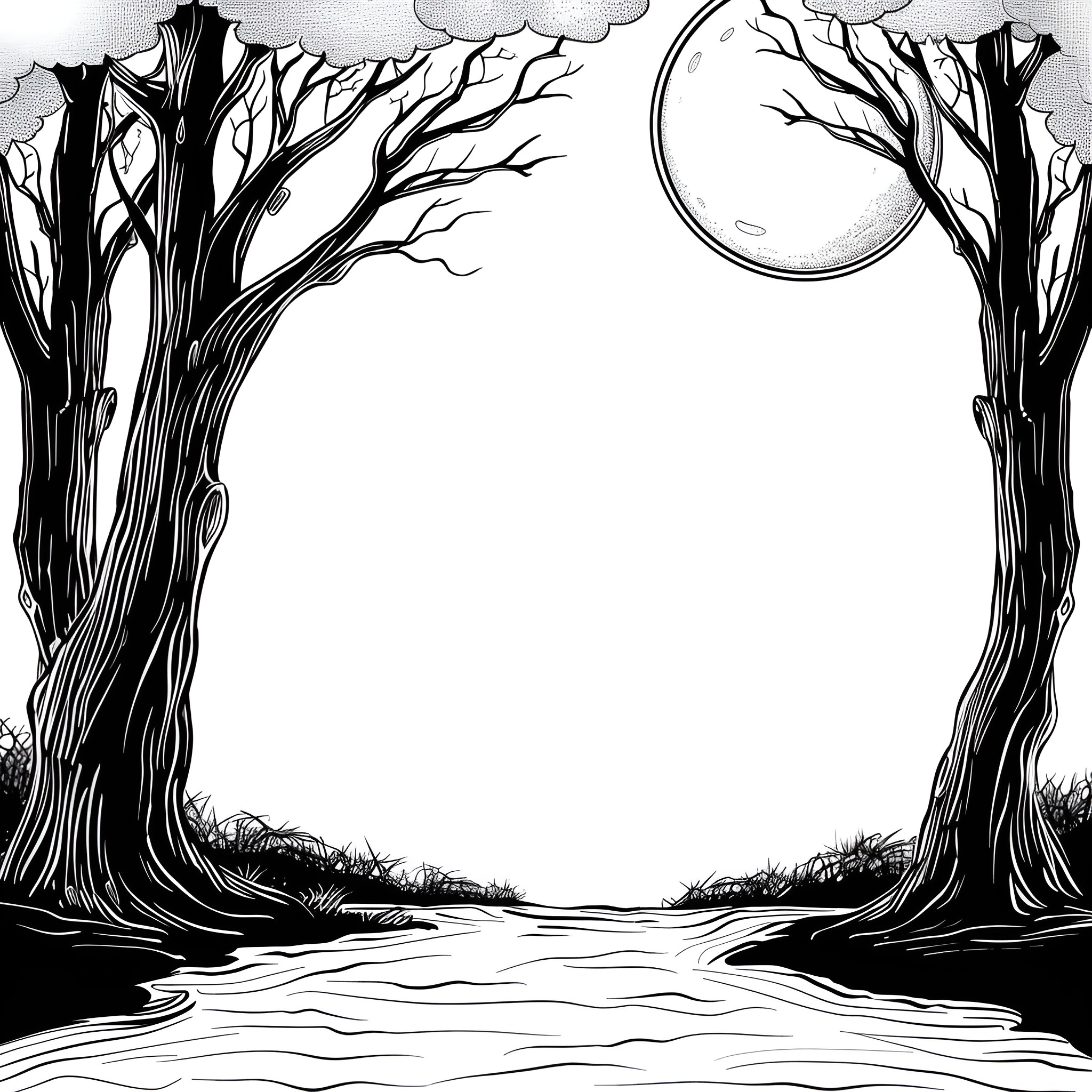 Gothic Haunting Forest Scene with Crescent Moon Drawing Idea (free black-and-white line drawing printable PDF for all, from beginners to advanced learners, including children, teens, adults, and seniors)