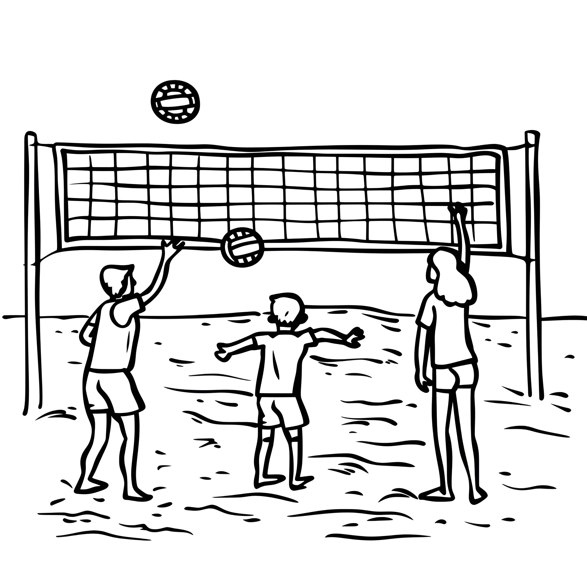 Beach volleyball game with players Drawing Idea (free black-and-white line drawing printable PDF for all, from beginners to advanced learners, including children, teens, adults, and seniors)