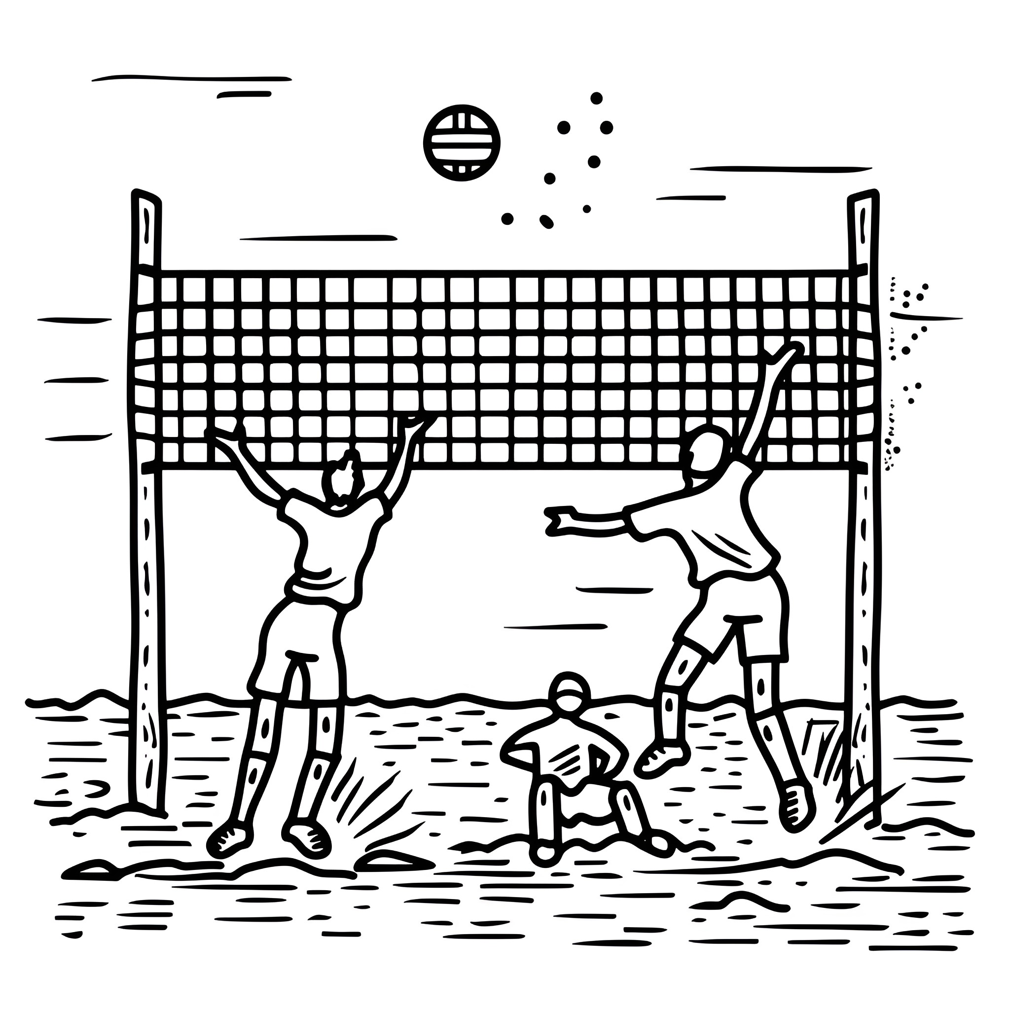 Beach volleyball players in action Drawing Idea (free black-and-white line drawing printable PDF for all, from beginners to advanced learners, including children, teens, adults, and seniors)