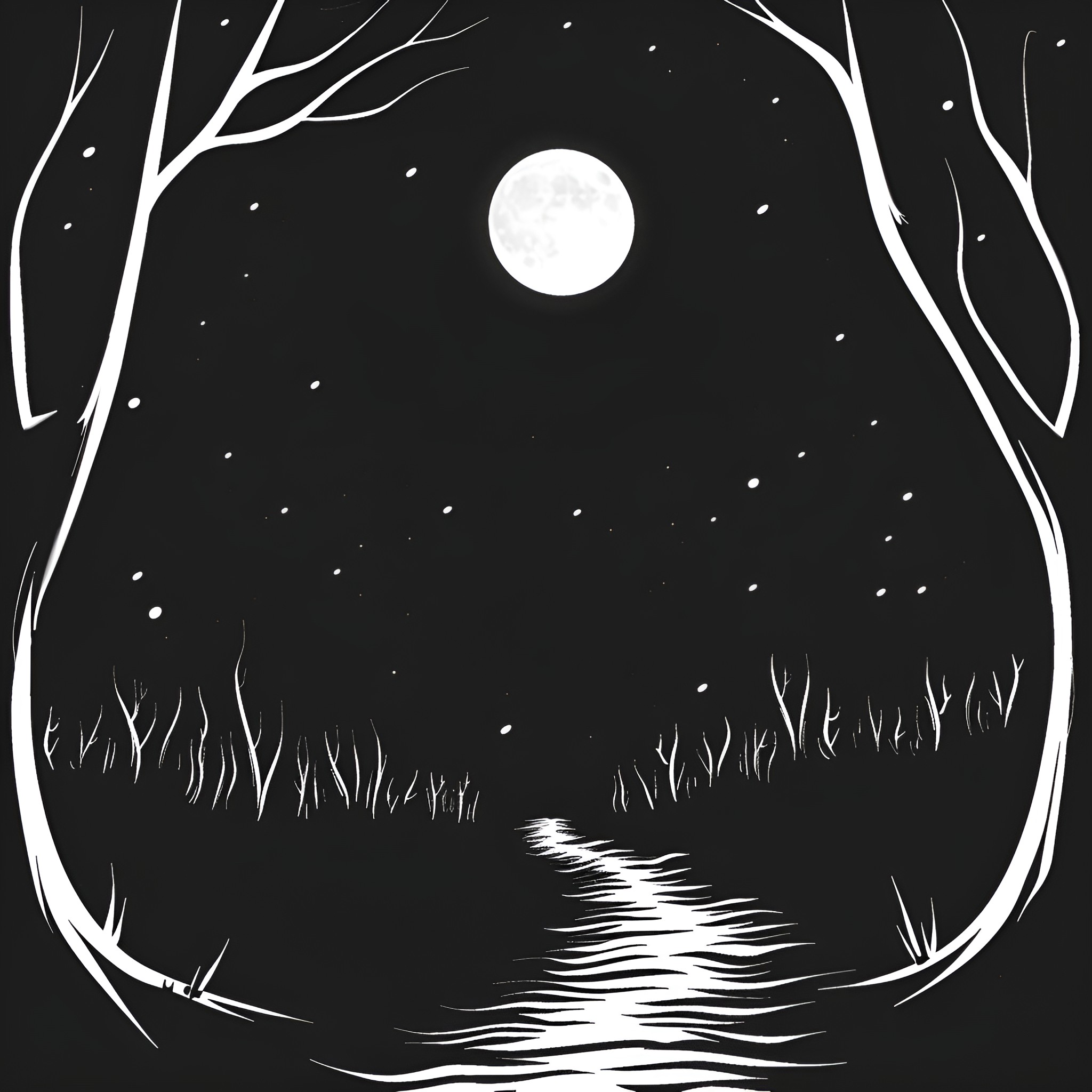 Gothic Moonlit Path through Shadowy Forest Drawing Idea (free black-and-white line drawing printable PDF for all, from beginners to advanced learners, including children, teens, adults, and seniors)