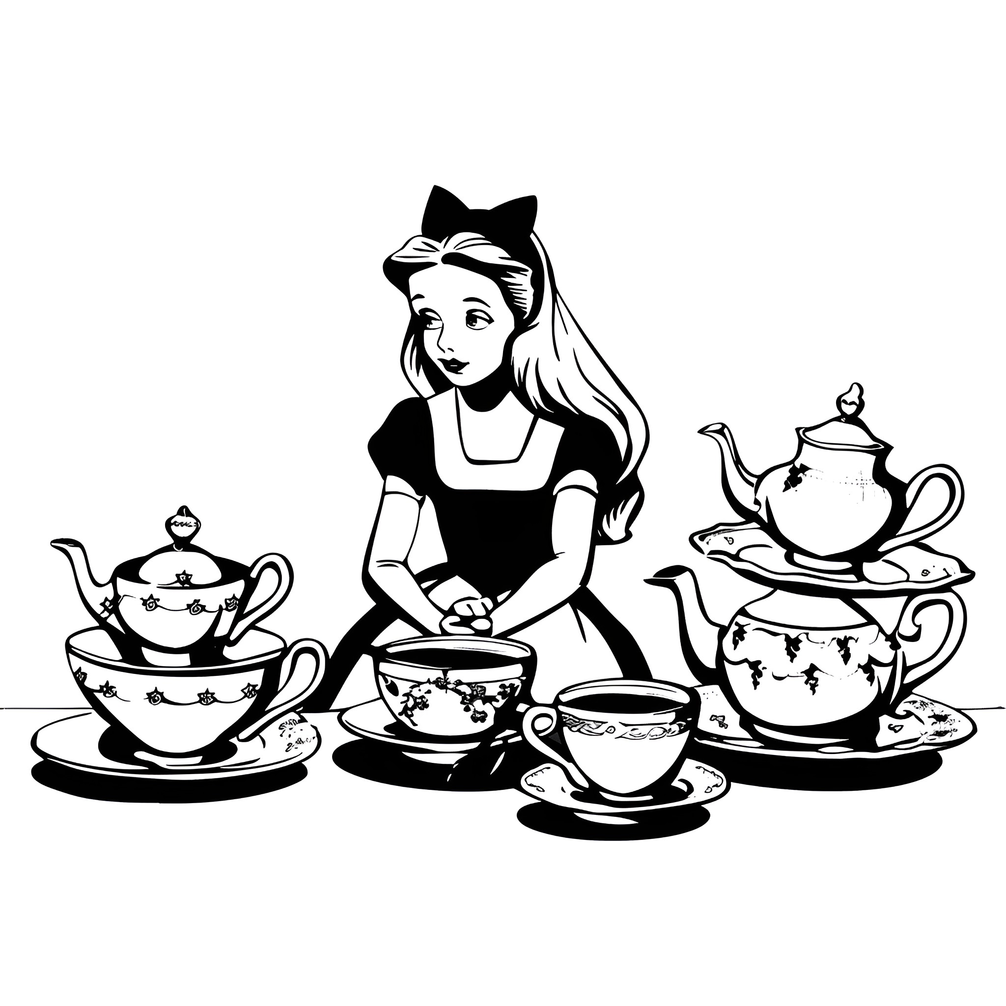 Alice In Wonderland having tea with whimsical teapots Drawing Idea (free black-and-white line drawing printable PDF for all, from beginners to advanced learners, including children, teens, adults, and seniors)