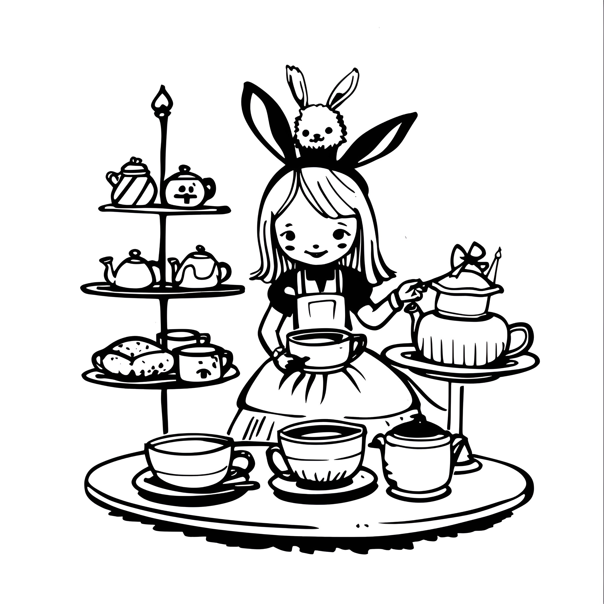 Alice In Wonderland's whimsical tea party Drawing Idea (free black-and-white line drawing printable PDF for all, from beginners to advanced learners, including children, teens, adults, and seniors)