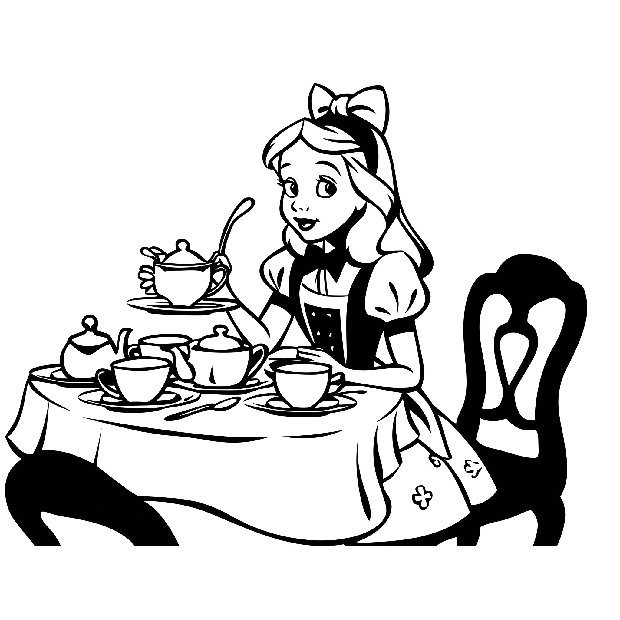 Alice In Wonderland serving tea at a table Drawing Idea (free black-and-white line drawing printable PDF for all, from beginners to advanced learners, including children, teens, adults, and seniors)