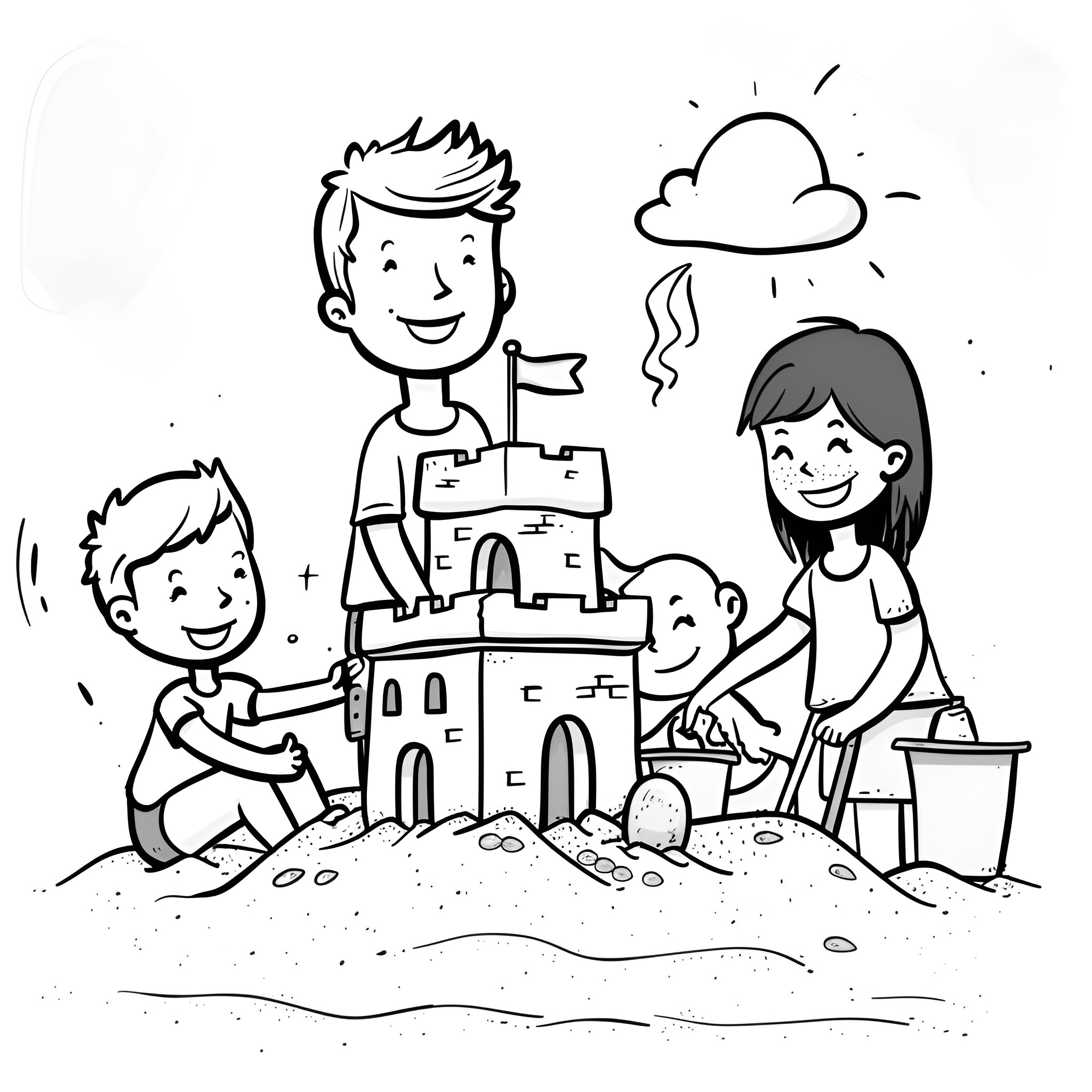 Beach kids building sandcastle together Drawing Idea (free black-and-white line drawing printable PDF for all, from beginners to advanced learners, including children, teens, adults, and seniors)