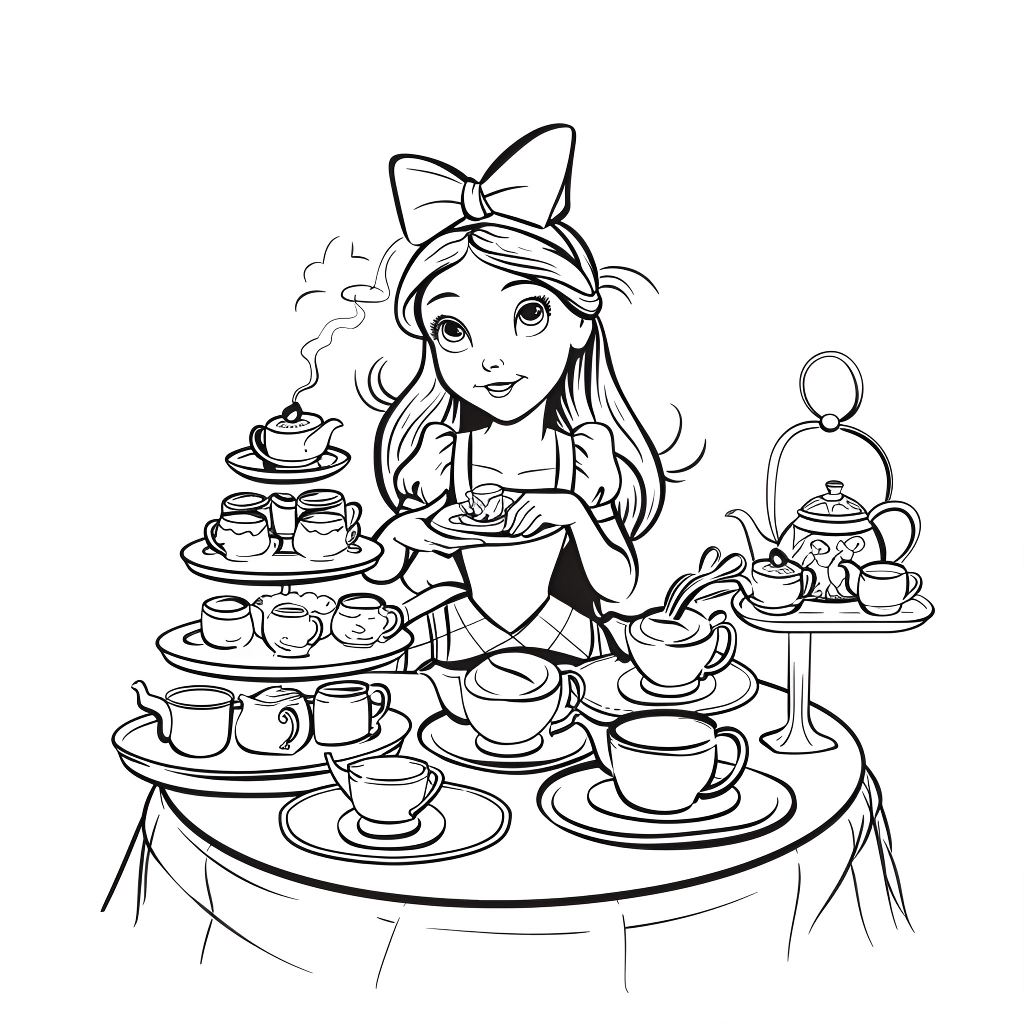 Alice In Wonderland enjoying tea party Drawing Idea (free black-and-white line drawing printable PDF for all, from beginners to advanced learners, including children, teens, adults, and seniors)