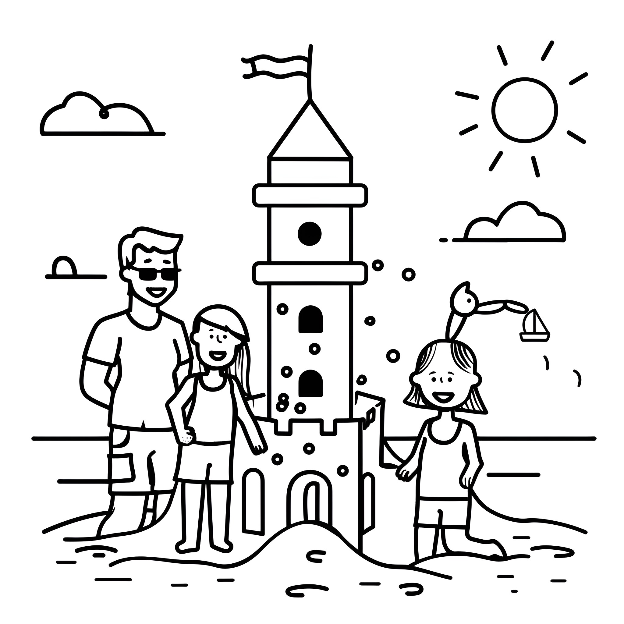 Beach family building sandcastle Drawing Idea (free black-and-white line drawing printable PDF for all, from beginners to advanced learners, including children, teens, adults, and seniors)