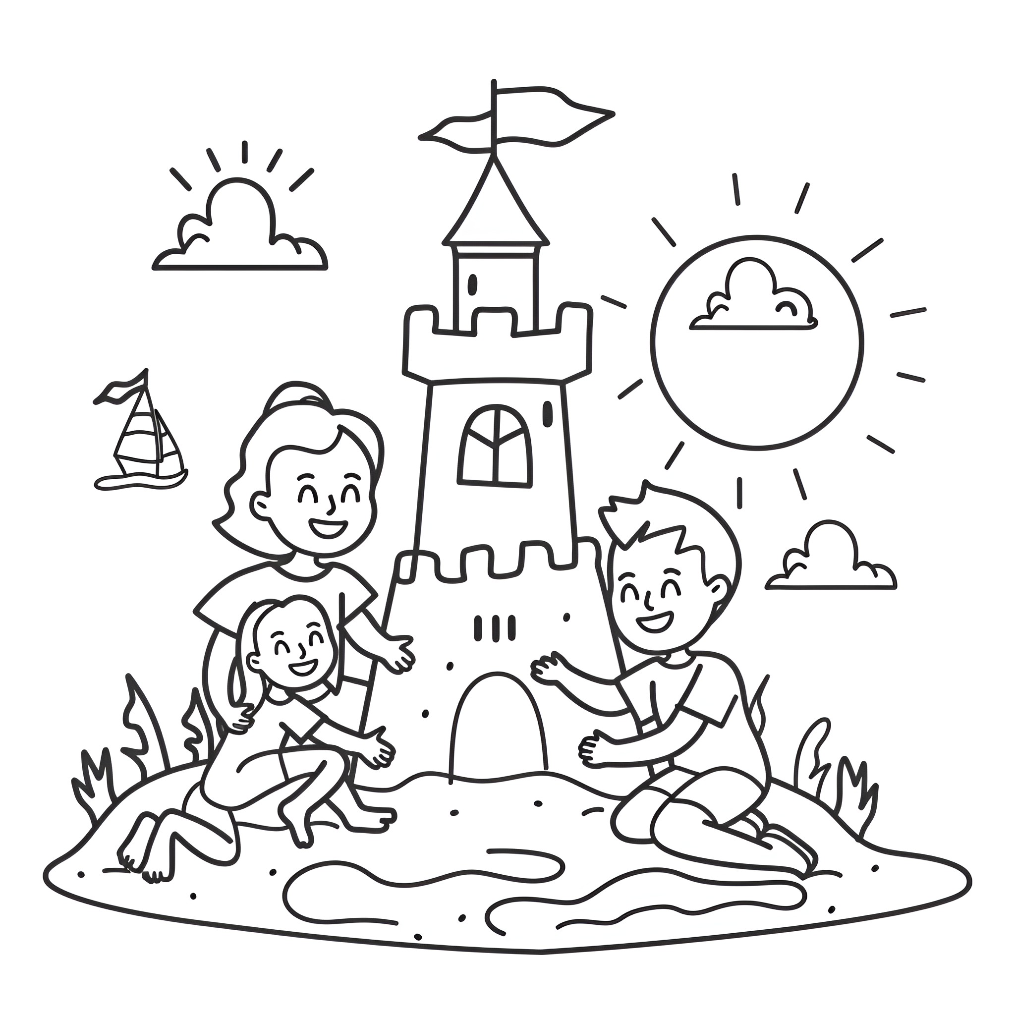 Beach fun with sandcastle building Drawing Idea (free black-and-white line drawing printable PDF for all, from beginners to advanced learners, including children, teens, adults, and seniors)