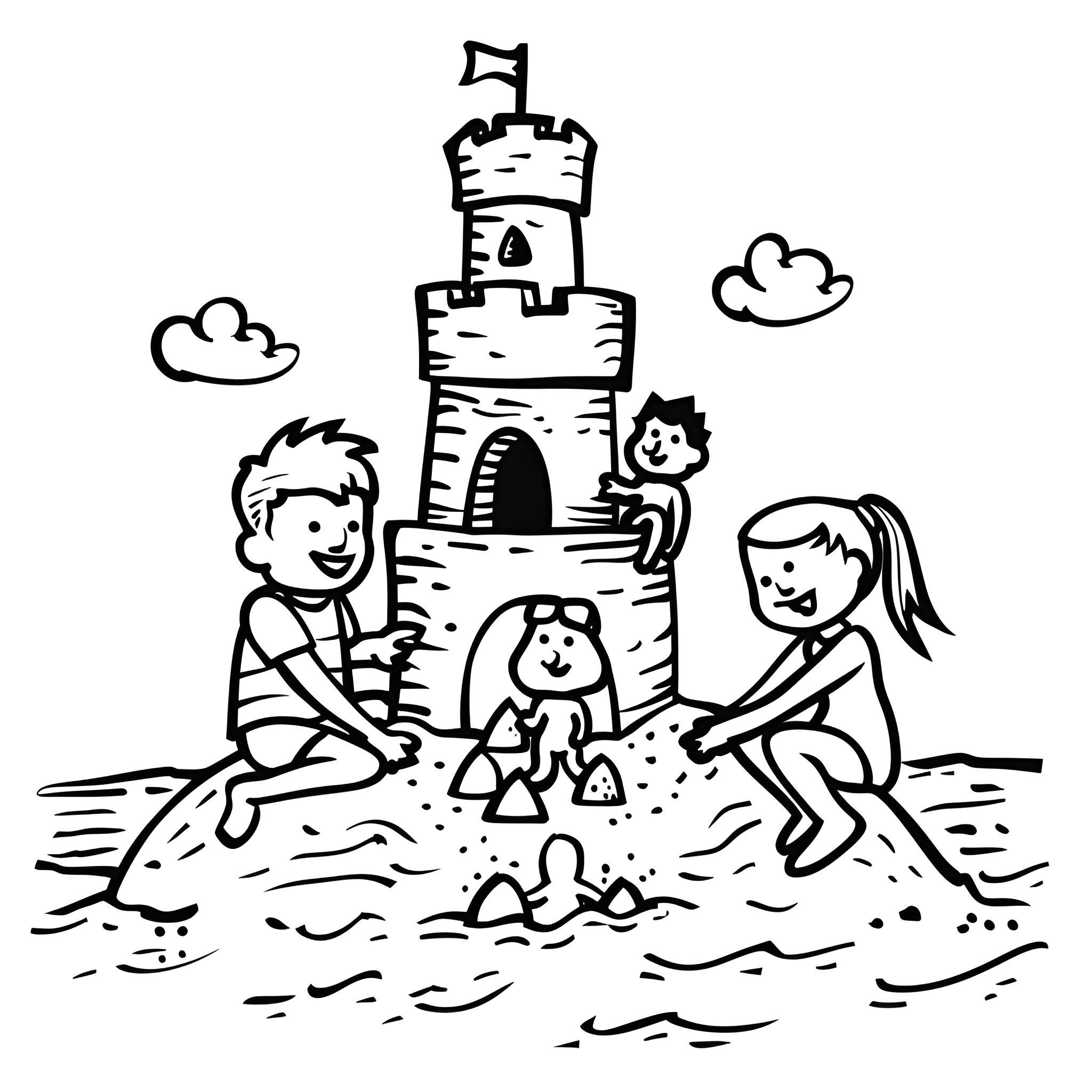Beach scene with children playing at sandcastle Drawing Idea (free black-and-white line drawing printable PDF for all, from beginners to advanced learners, including children, teens, adults, and seniors)