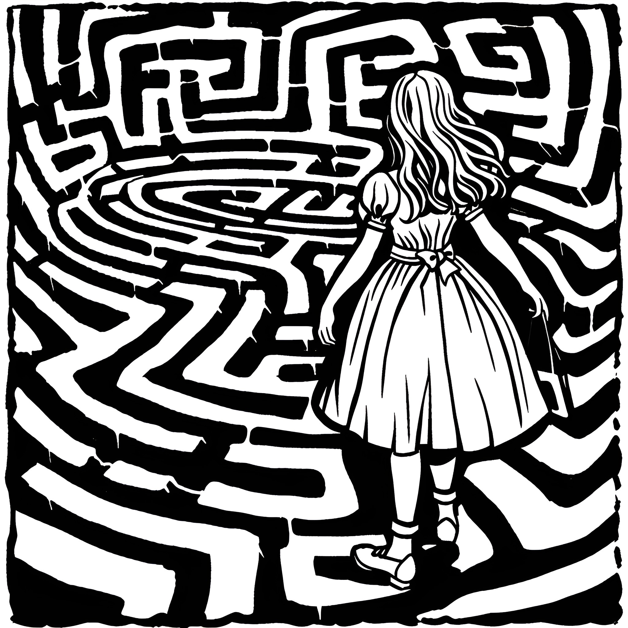 Alice In Wonderland exploring the maze Drawing Idea (free black-and-white line drawing printable PDF for all, from beginners to advanced learners, including children, teens, adults, and seniors)