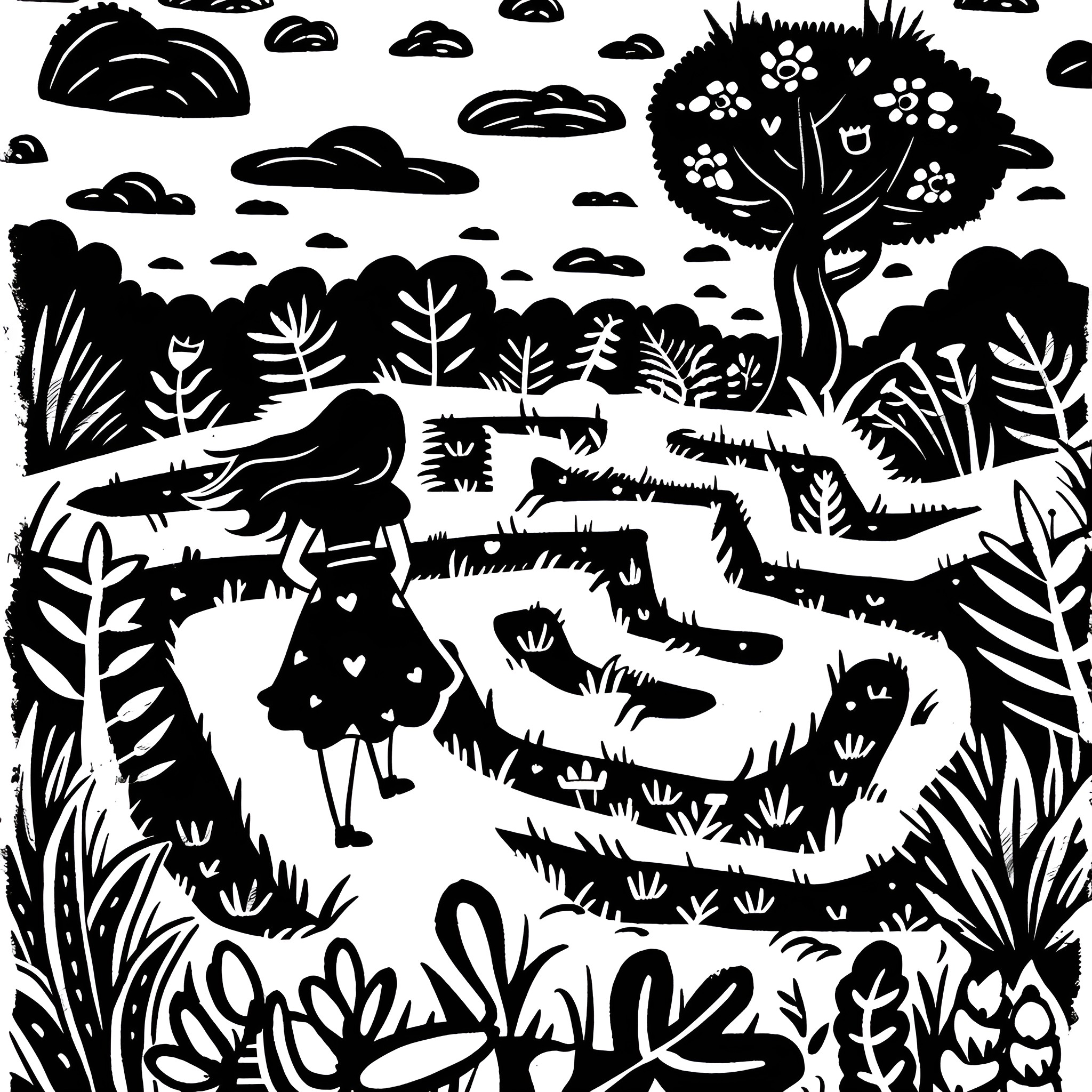 Alice In Wonderland exploring fantastical landscape Drawing Idea (free black-and-white line drawing printable PDF for all, from beginners to advanced learners, including children, teens, adults, and seniors)