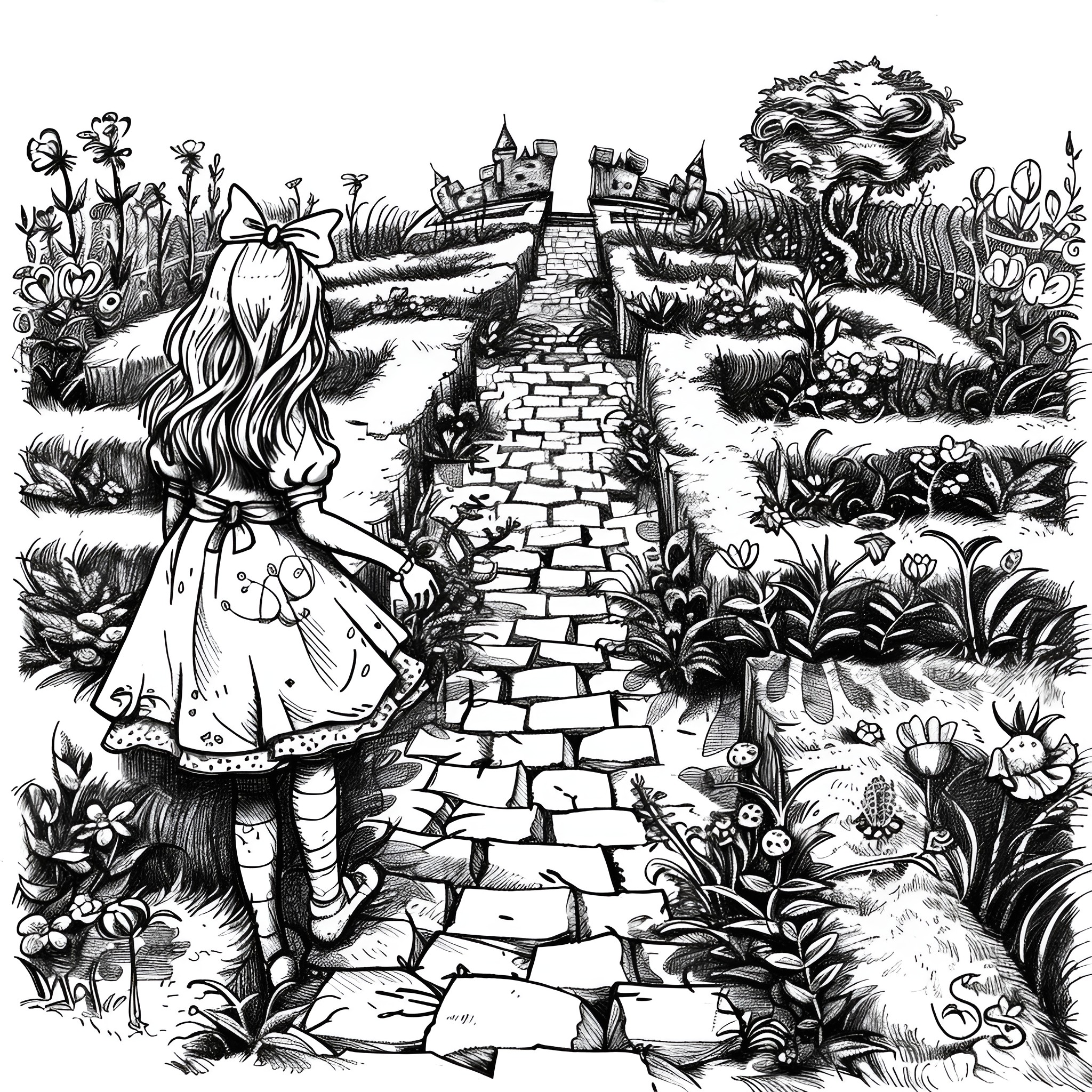 Alice In Wonderland - Girl walking down the rabbit hole path Drawing Idea (free black-and-white line drawing printable PDF for all, from beginners to advanced learners, including children, teens, adults, and seniors)