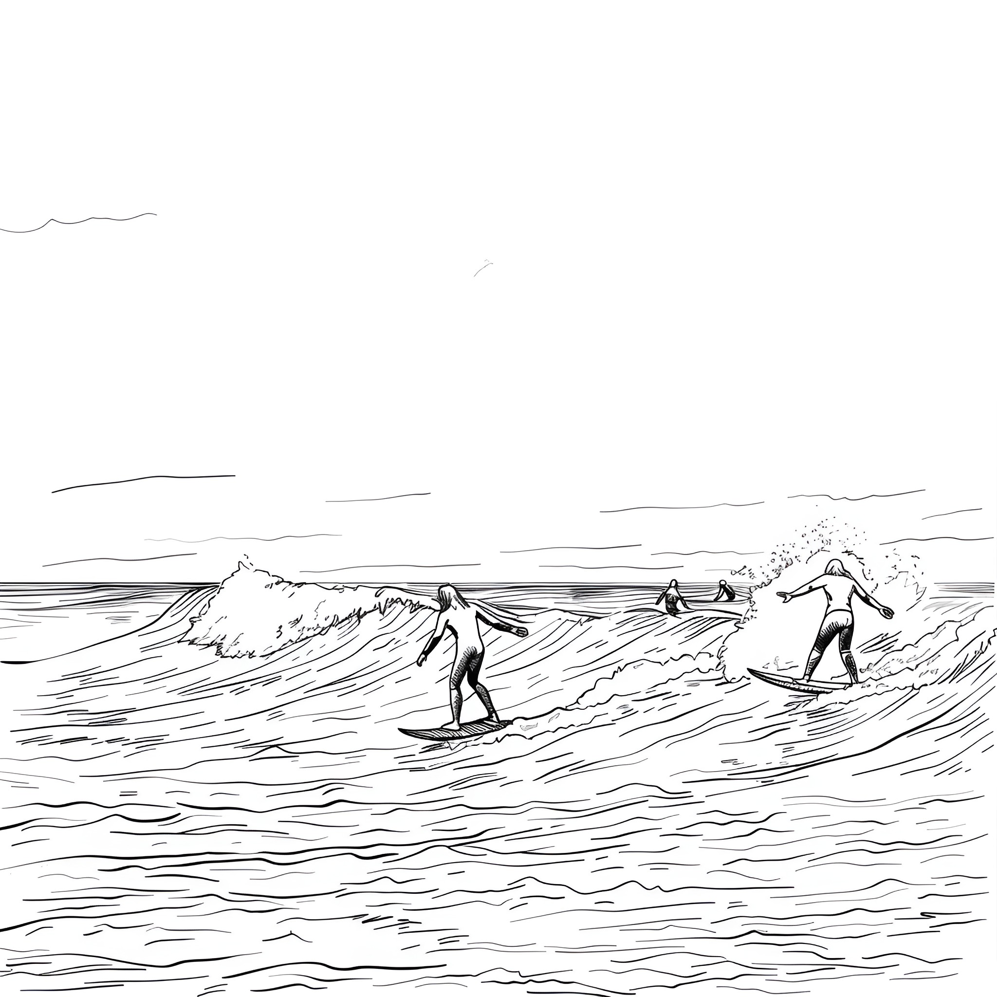 Beach surfers riding waves Drawing Idea (free black-and-white line drawing printable PDF for all, from beginners to advanced learners, including children, teens, adults, and seniors)