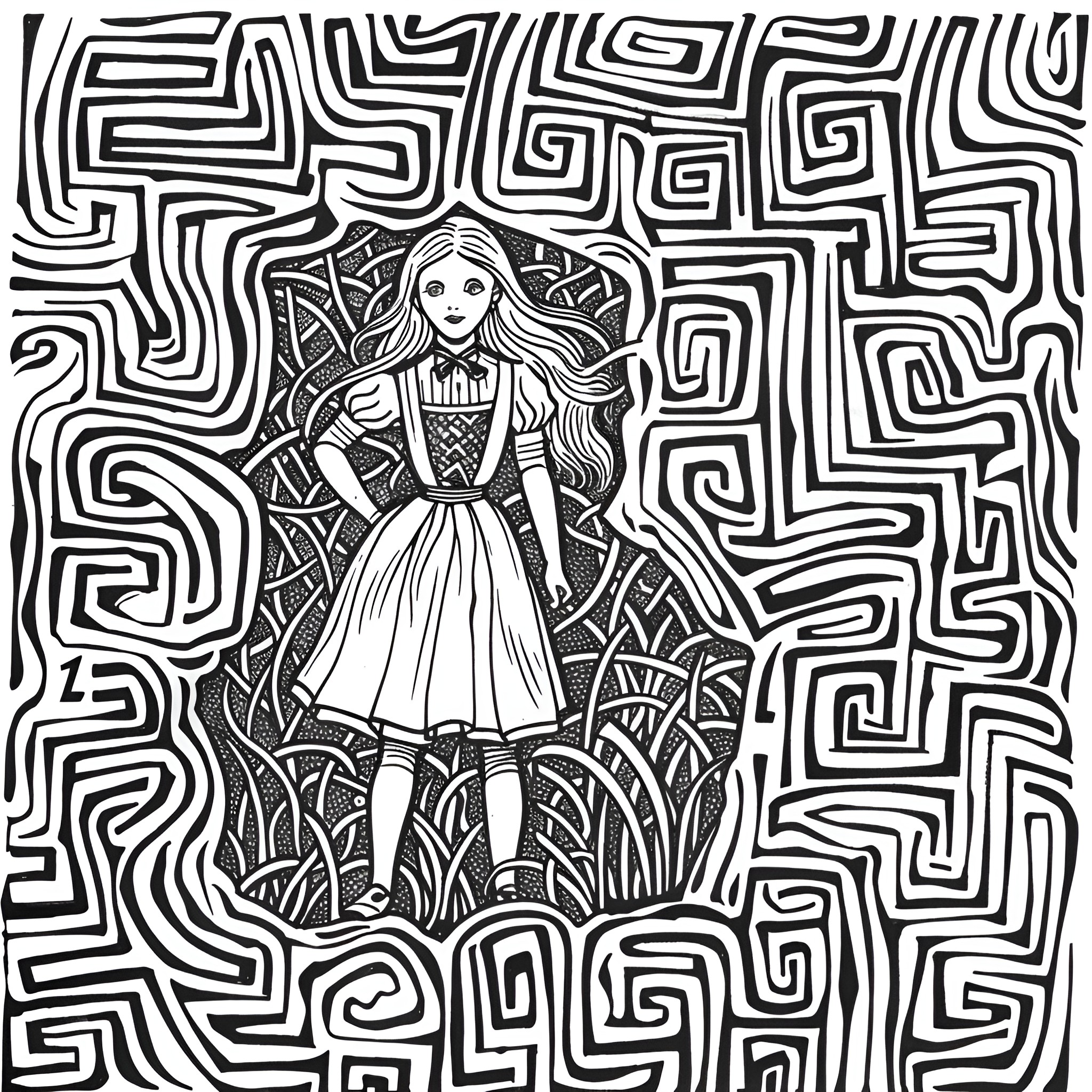 Alice In Wonderland Exploring Enchanted Maze Drawing Idea (free black-and-white line drawing printable PDF for all, from beginners to advanced learners, including children, teens, adults, and seniors)