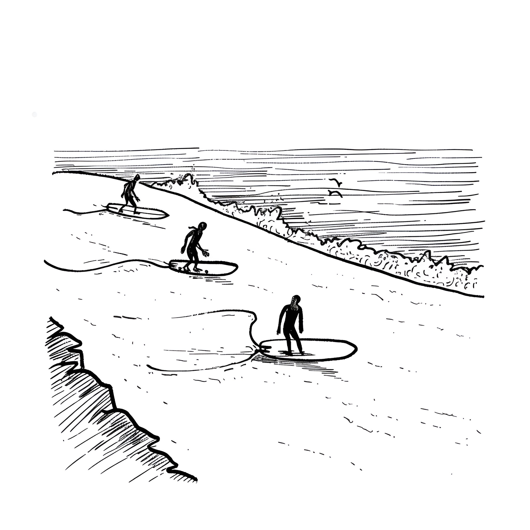 Beach surfers riding waves Drawing Idea (free black-and-white line drawing printable PDF for all, from beginners to advanced learners, including children, teens, adults, and seniors)