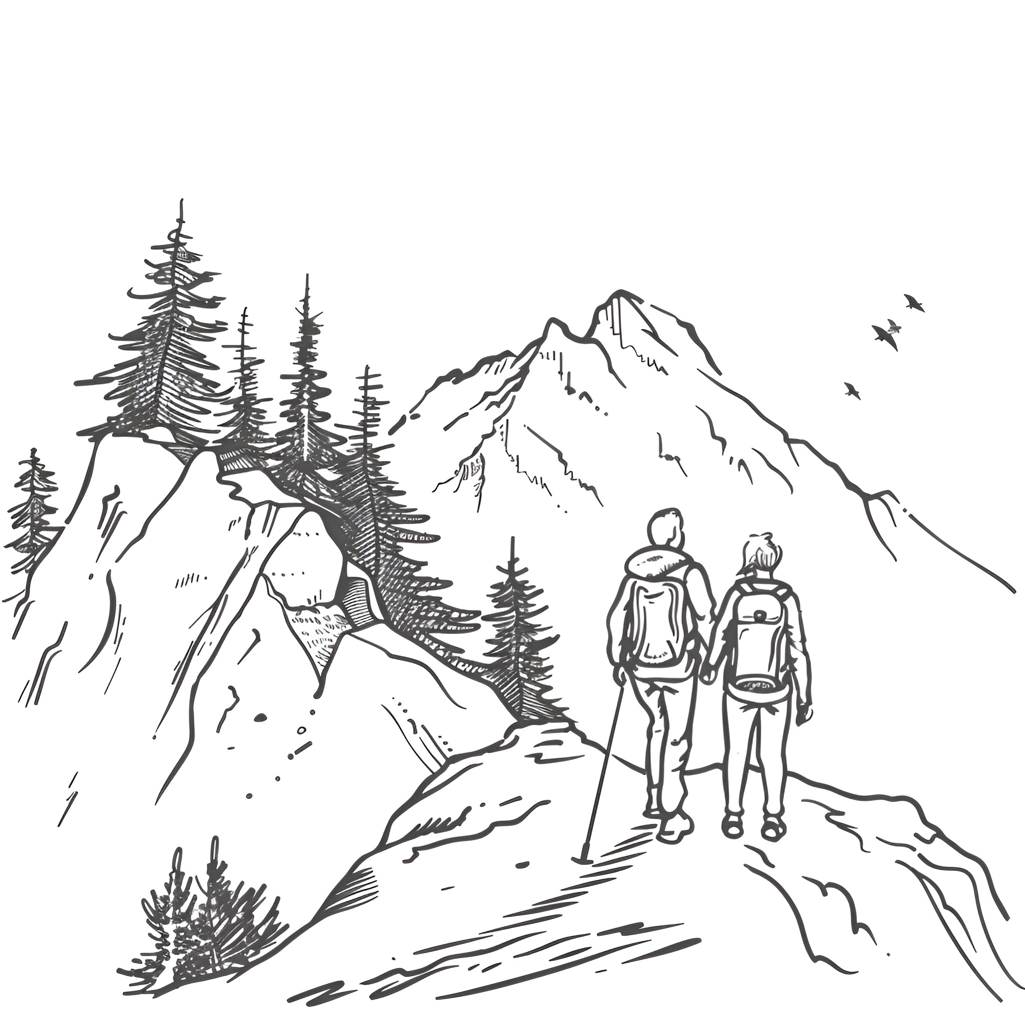 Couple hiking in mountain landscape Drawing Idea (free black-and-white line drawing printable PDF for all, from beginners to advanced learners, including children, teens, adults, and seniors)