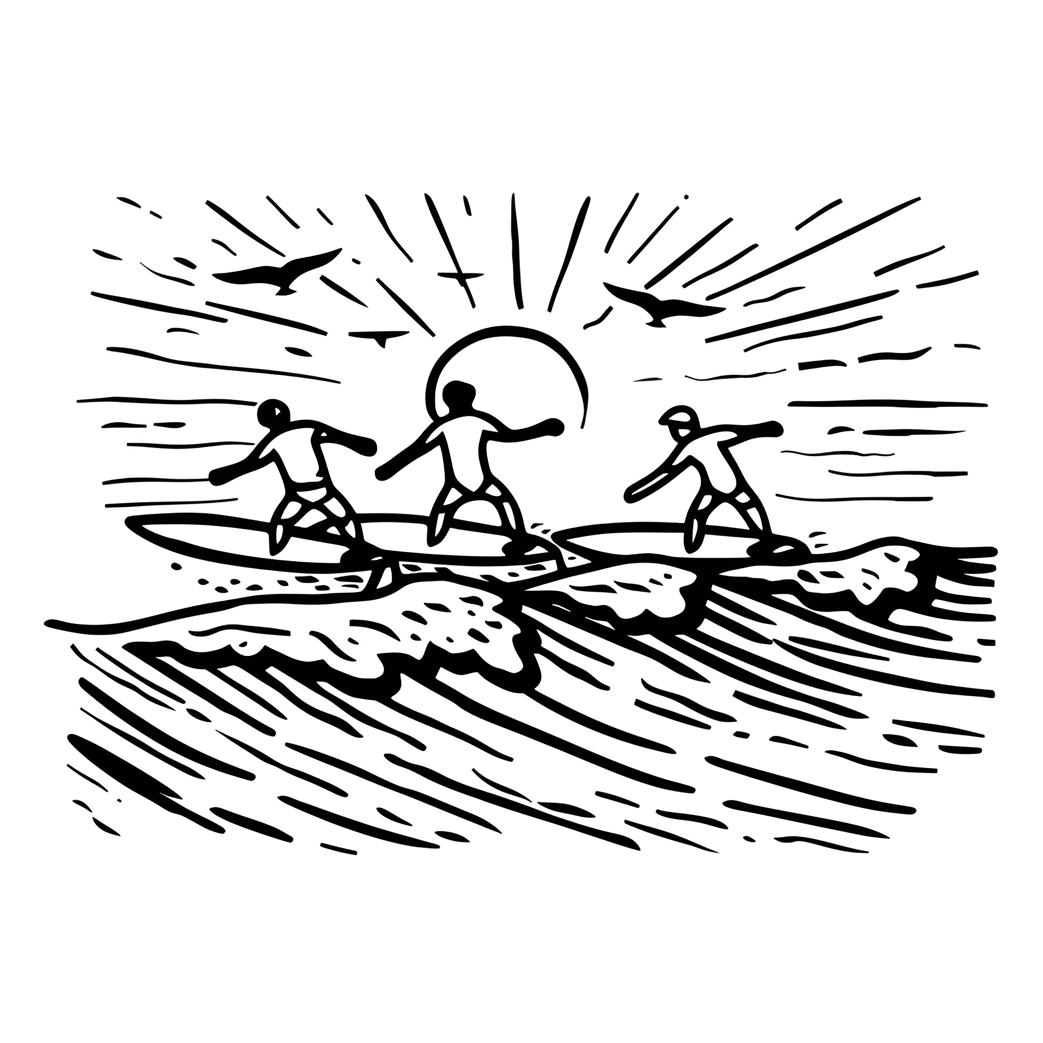 Beach surfers riding waves Drawing Idea (free black-and-white line drawing printable PDF for all, from beginners to advanced learners, including children, teens, adults, and seniors)