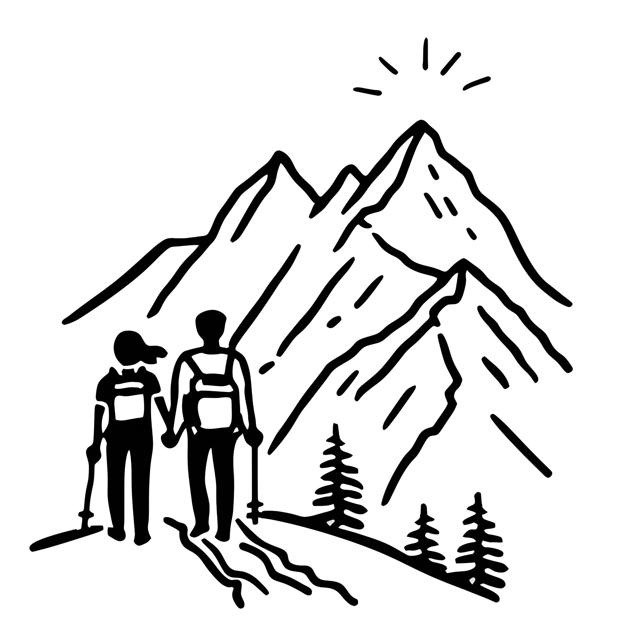 Couple hiking in the mountains Drawing Idea (free black-and-white line drawing printable PDF for all, from beginners to advanced learners, including children, teens, adults, and seniors)