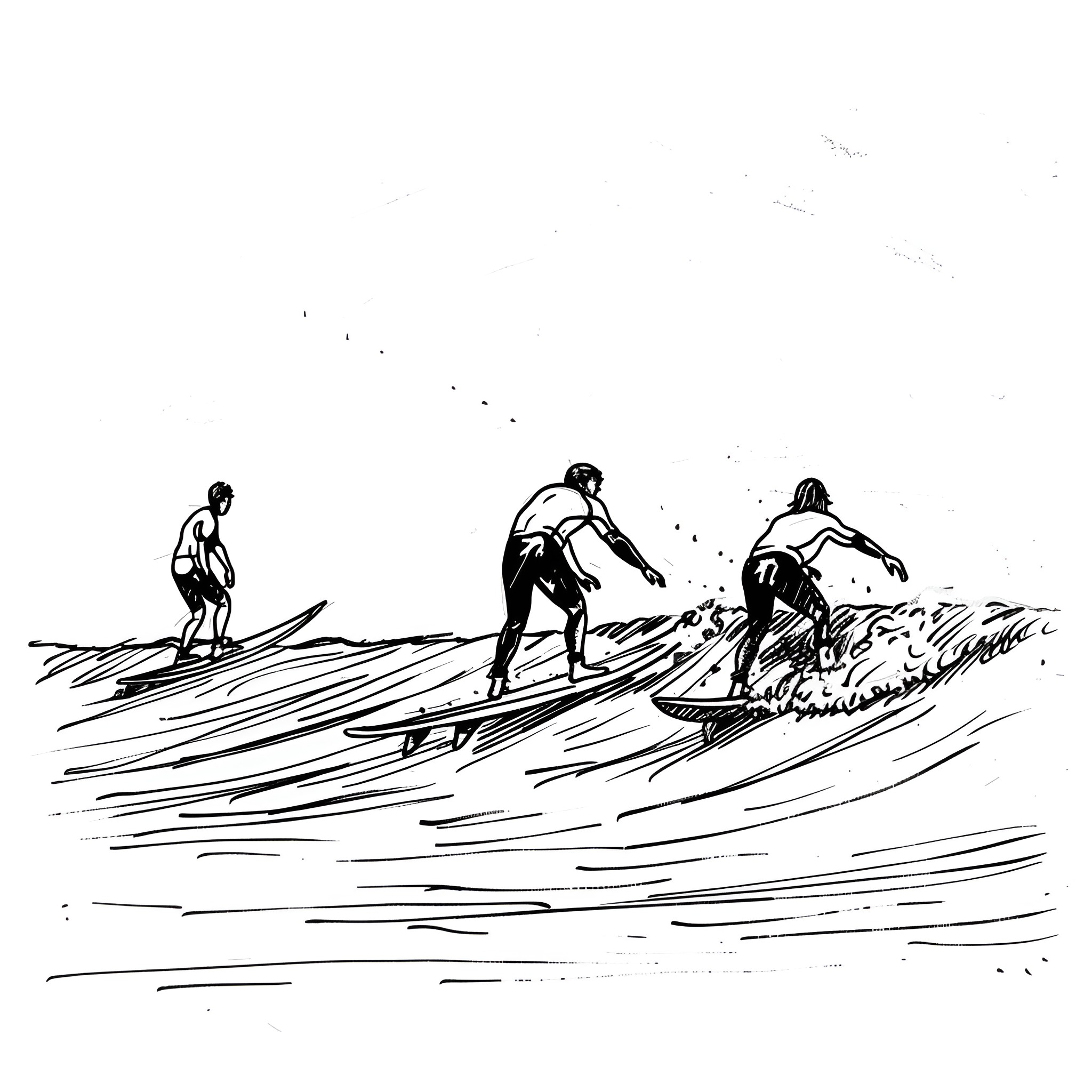 Beach surfers catching waves Drawing Idea (free black-and-white line drawing printable PDF for all, from beginners to advanced learners, including children, teens, adults, and seniors)