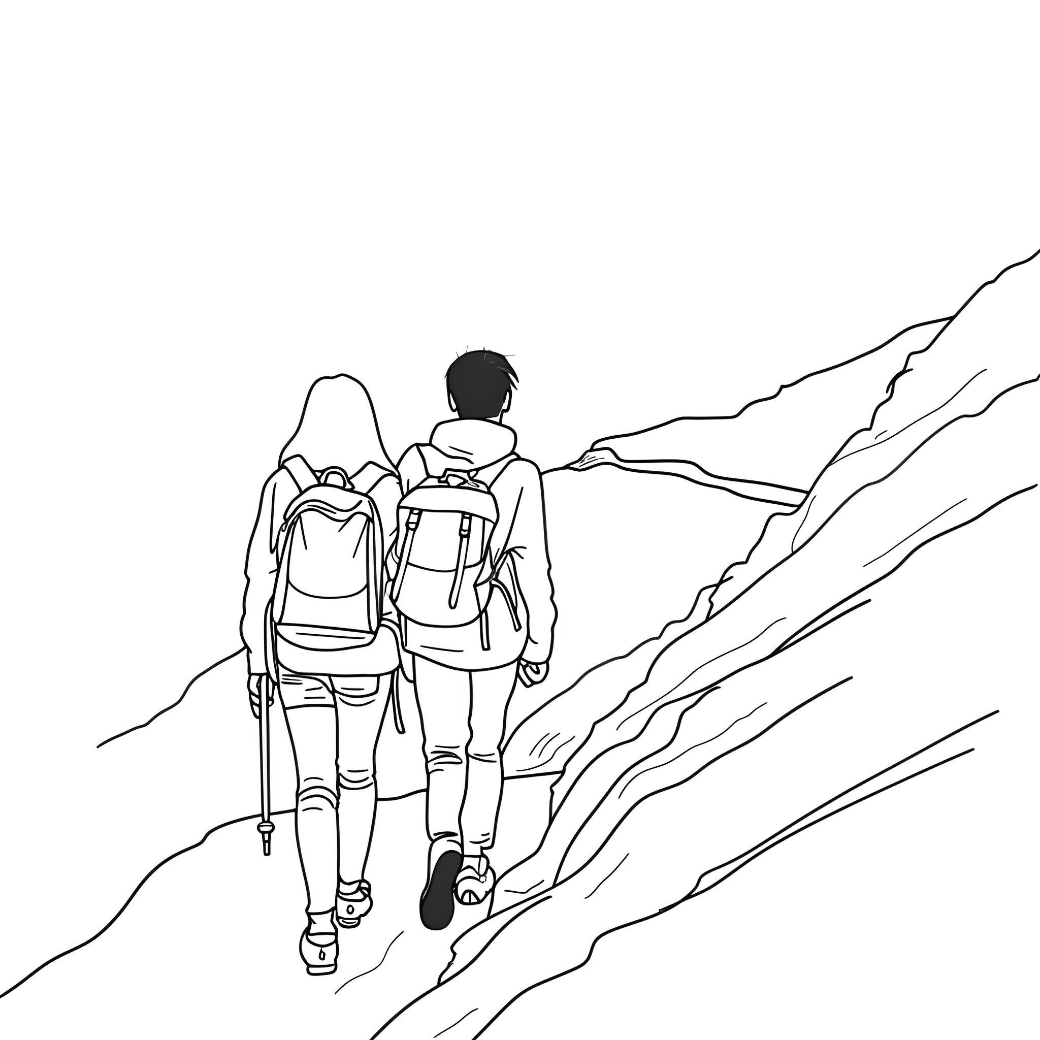 Couple hiking in the mountains Drawing Idea (free black-and-white line drawing printable PDF for all, from beginners to advanced learners, including children, teens, adults, and seniors)