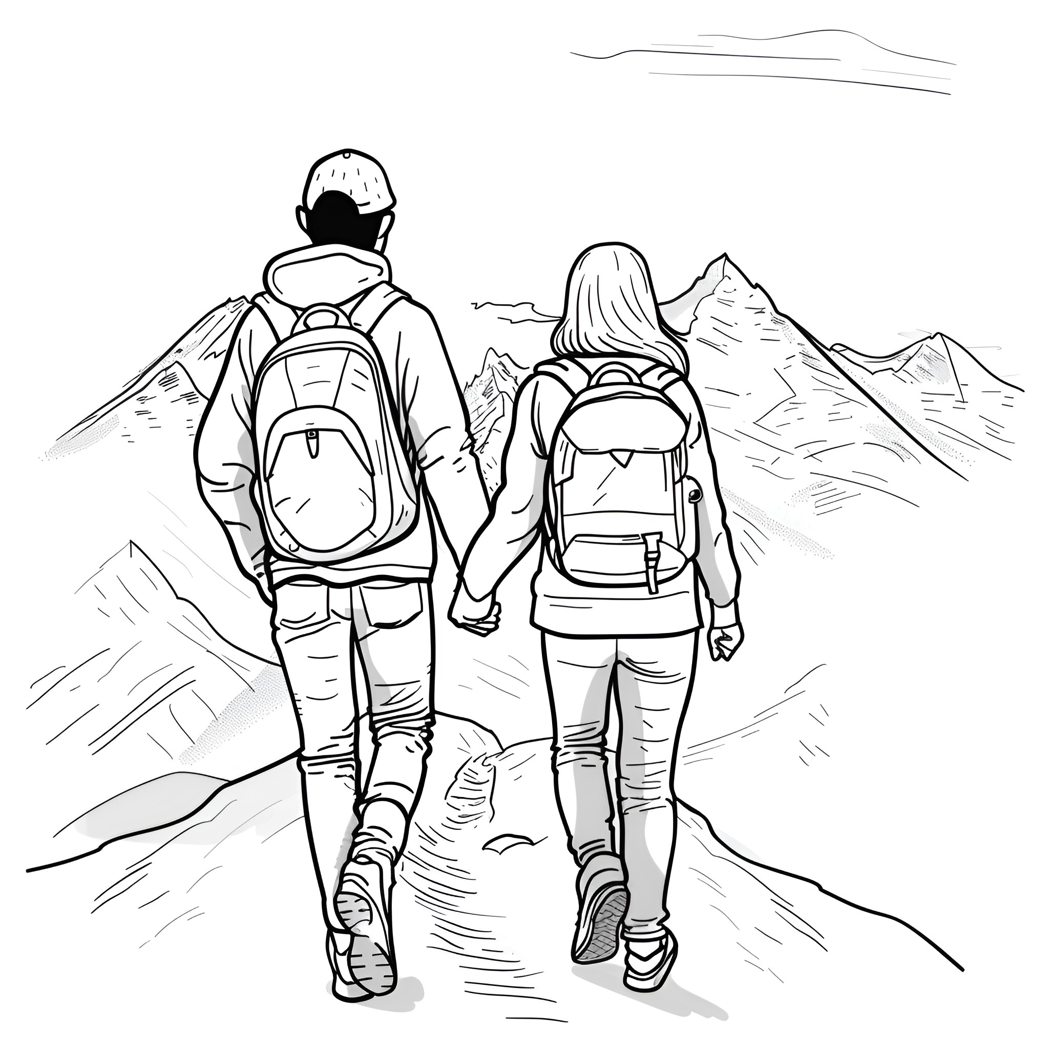 Couple hiking in the mountains Drawing Idea (free black-and-white line drawing printable PDF for all, from beginners to advanced learners, including children, teens, adults, and seniors)