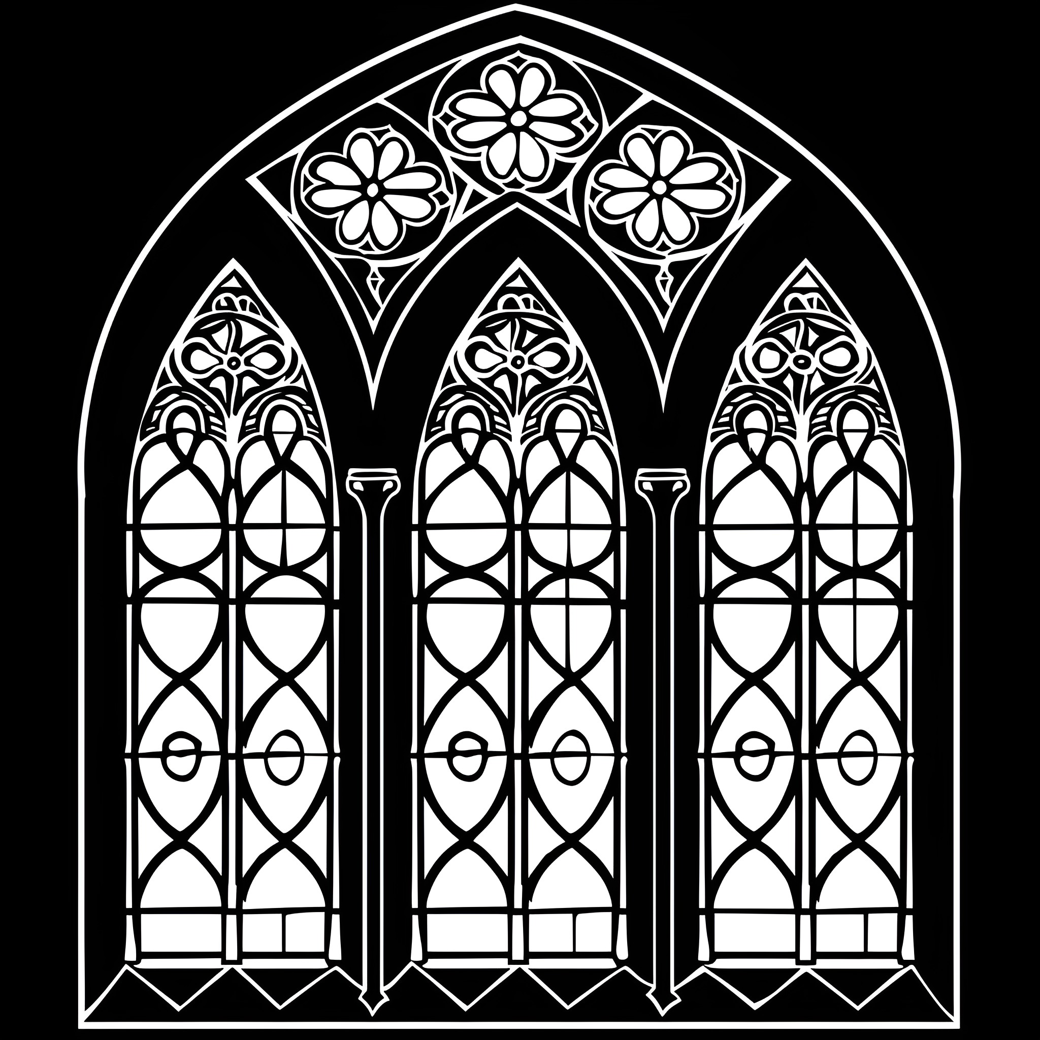 Gothic Cathedral Stained Glass Windows Drawing Idea (free black-and-white line drawing printable PDF for all, from beginners to advanced learners, including children, teens, adults, and seniors)