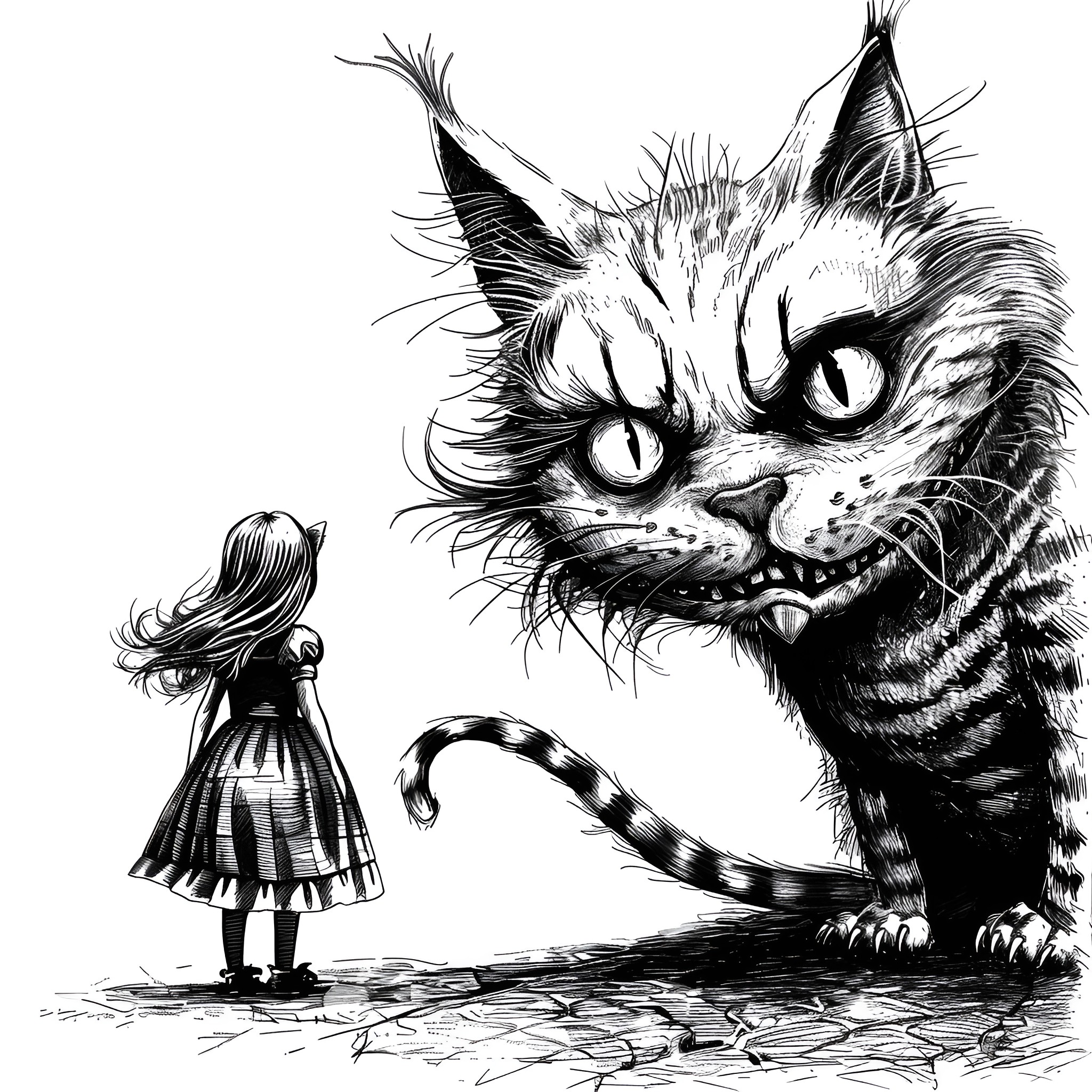 Alice In Wonderland: Cat's Curious Gaze Drawing Idea (free black-and-white line drawing printable PDF for all, from beginners to advanced learners, including children, teens, adults, and seniors)