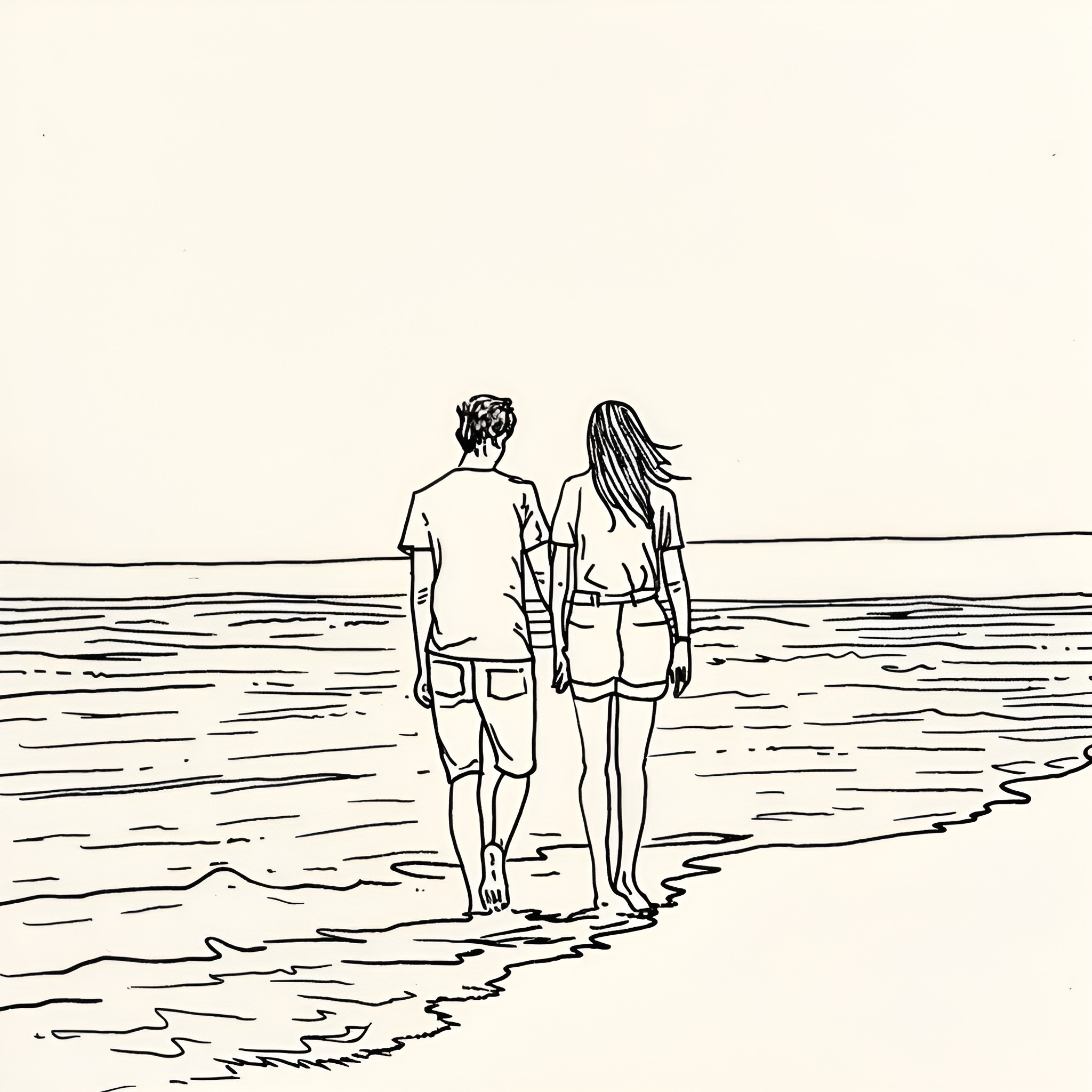 Beach strolling couple Drawing Idea (free black-and-white line drawing printable PDF for all, from beginners to advanced learners, including children, teens, adults, and seniors)