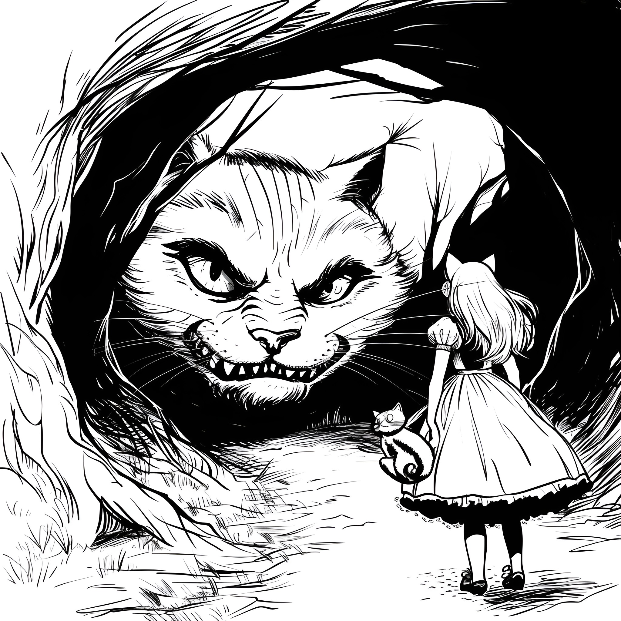 Alice In Wonderland: Confronting the Cheshire Cat Drawing Idea (free black-and-white line drawing printable PDF for all, from beginners to advanced learners, including children, teens, adults, and seniors)