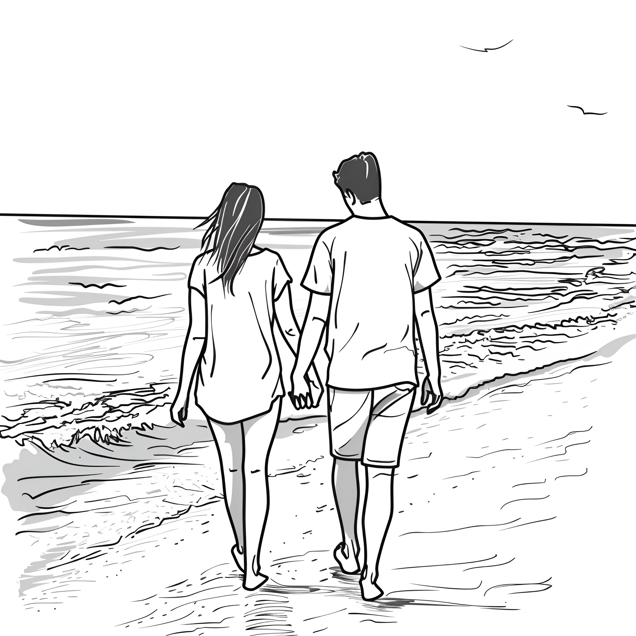 Beach stroll with a loved one Drawing Idea (free black-and-white line drawing printable PDF for all, from beginners to advanced learners, including children, teens, adults, and seniors)