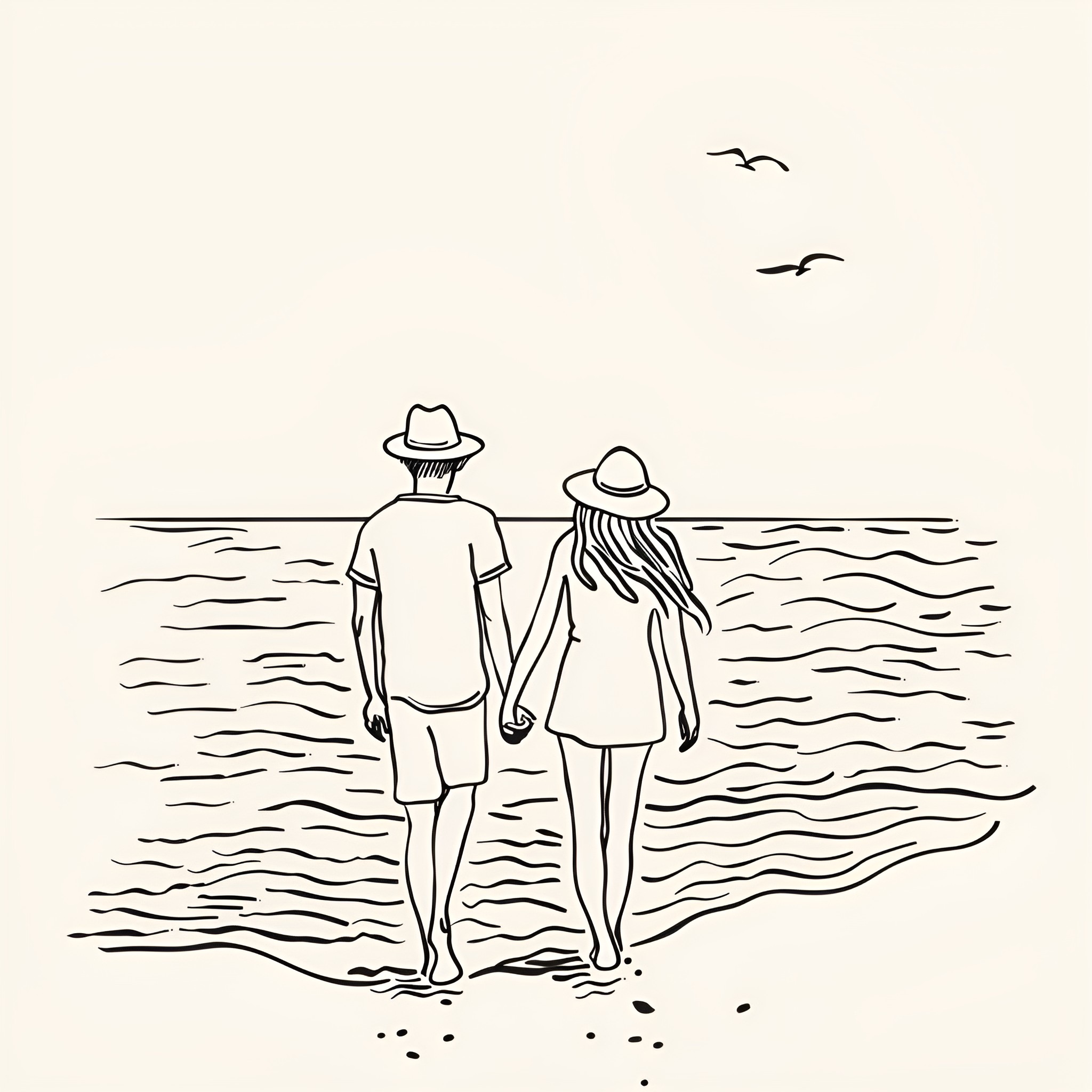 Beach stroll of a couple in summer Drawing Idea (free black-and-white line drawing printable PDF for all, from beginners to advanced learners, including children, teens, adults, and seniors)