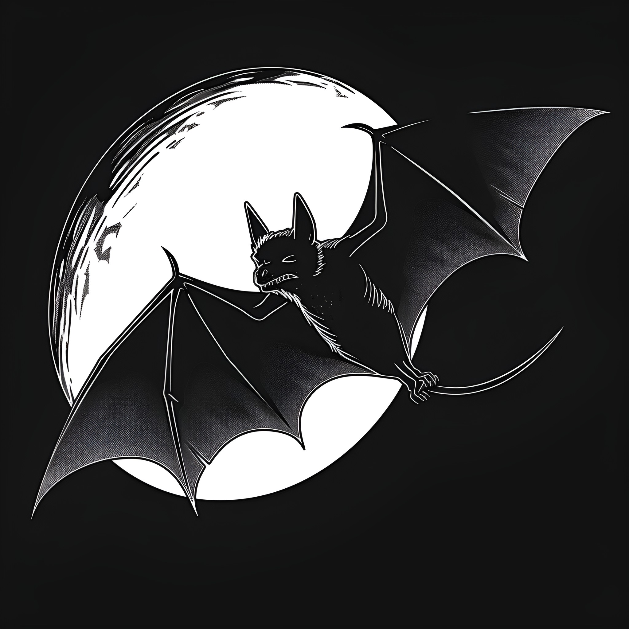 Gothic Bat Silhouette against Moonlit Sky Drawing Idea (free black-and-white line drawing printable PDF for all, from beginners to advanced learners, including children, teens, adults, and seniors)