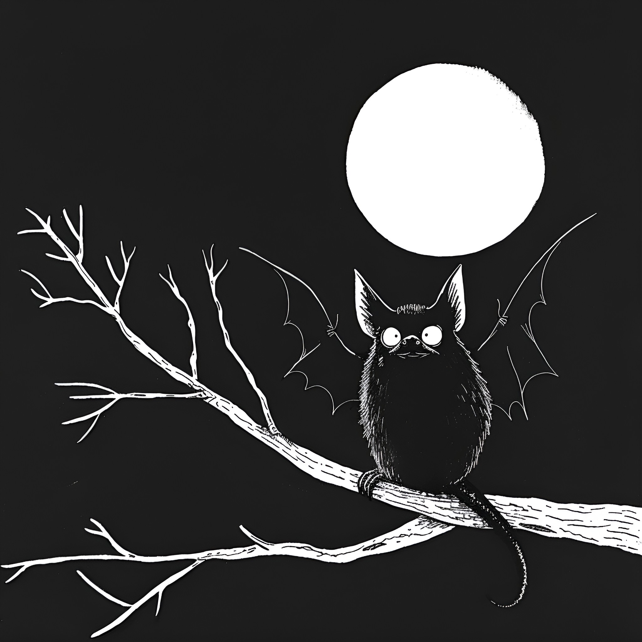 Gothic Bat perched in the Moonlight Drawing Idea (free black-and-white line drawing printable PDF for all, from beginners to advanced learners, including children, teens, adults, and seniors)