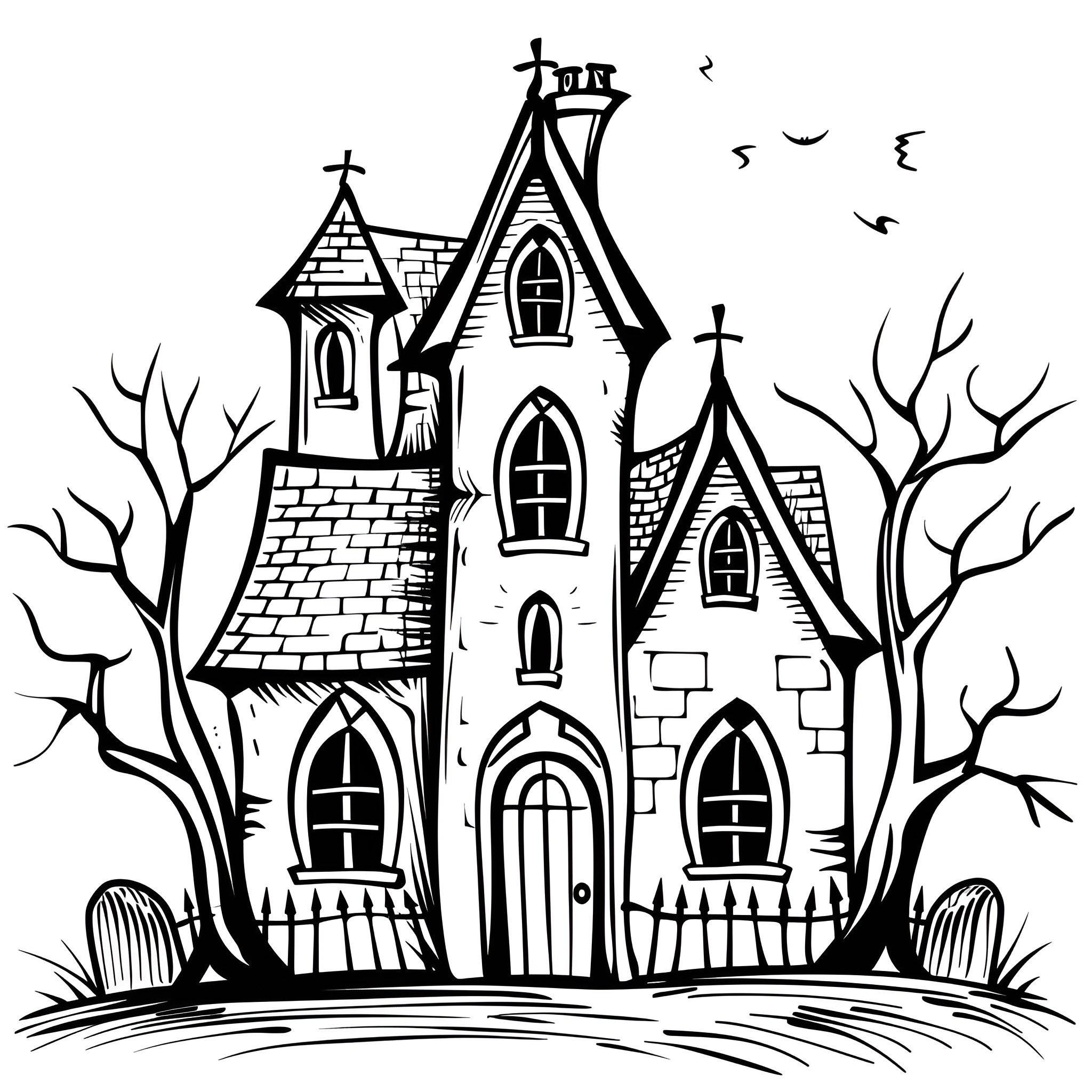Gothic haunted house with gloomy atmosphere Drawing Idea (free black-and-white line drawing printable PDF for all, from beginners to advanced learners, including children, teens, adults, and seniors)