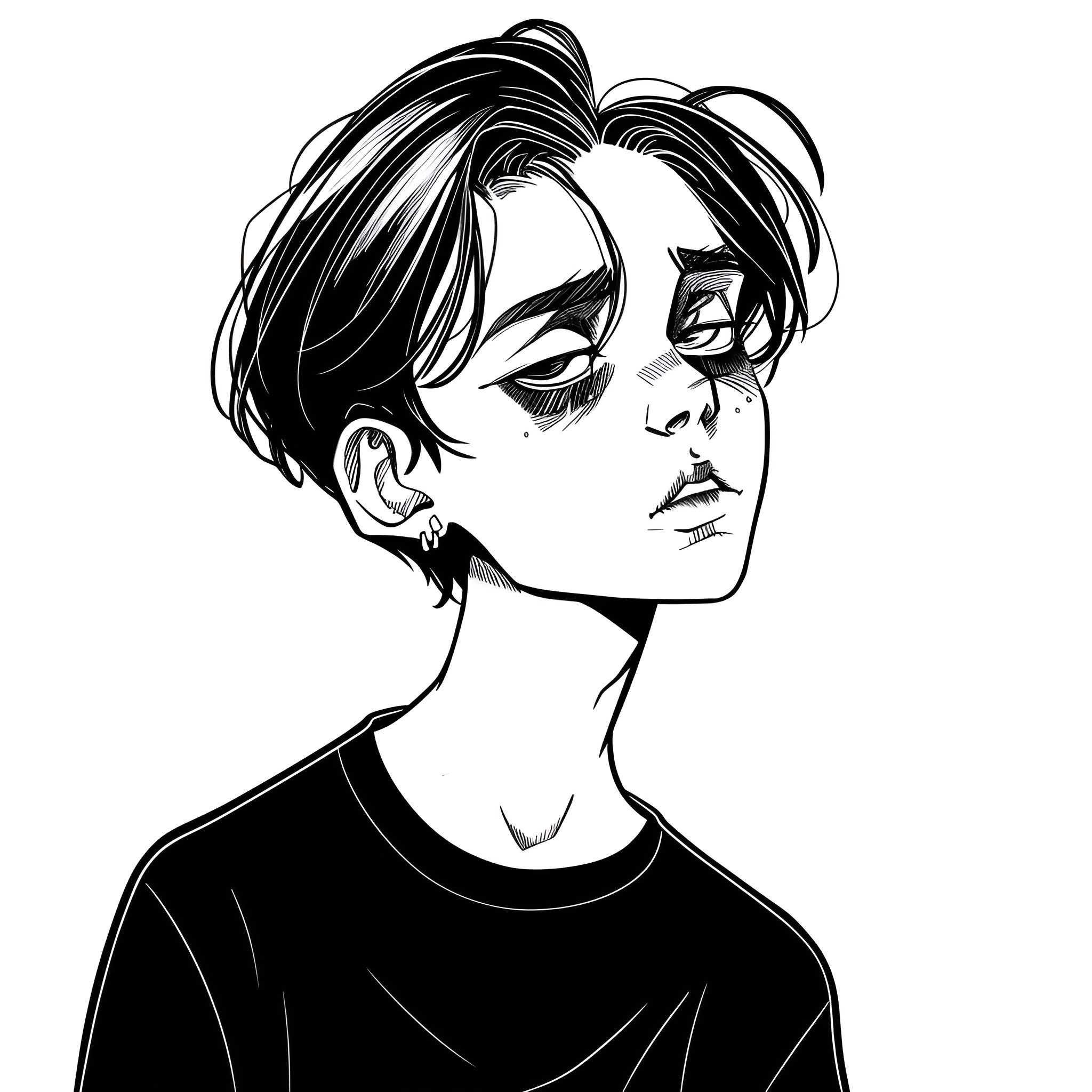 Gothic Moody Portrait of a Young Individual Drawing Idea (free black-and-white line drawing printable PDF for all, from beginners to advanced learners, including children, teens, adults, and seniors)