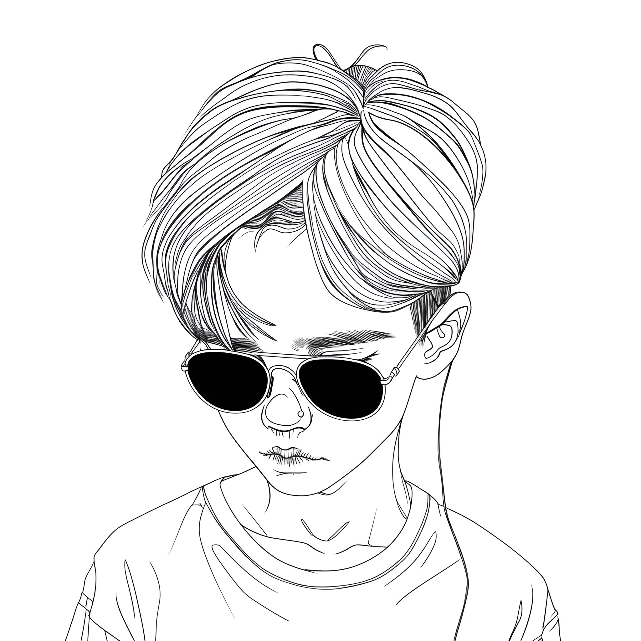 Gothic Fashionable Youth in Sunglasses Drawing Idea (free black-and-white line drawing printable PDF for all, from beginners to advanced learners, including children, teens, adults, and seniors)