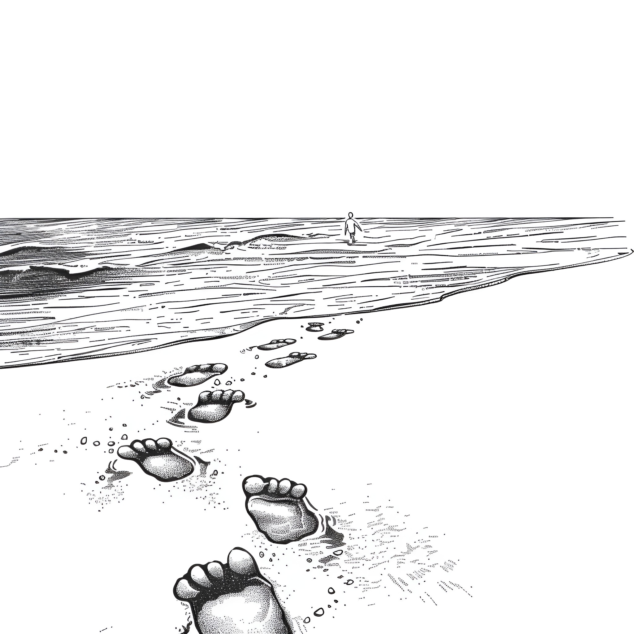 Beach Footprints in the Sand Drawing Idea (free black-and-white line drawing printable PDF for all, from beginners to advanced learners, including children, teens, adults, and seniors)
