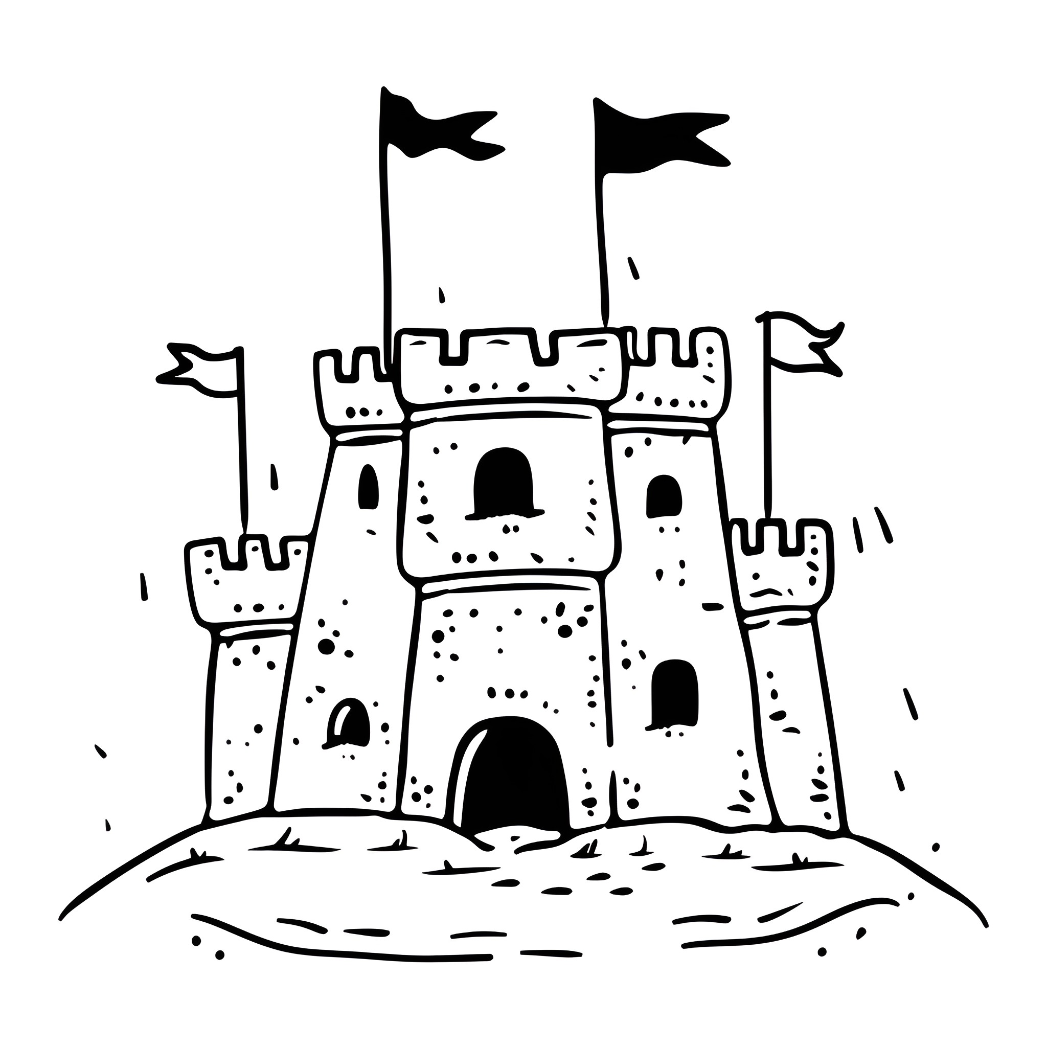 Beach Castle with Flags Drawing Idea (free black-and-white line drawing printable PDF for all, from beginners to advanced learners, including children, teens, adults, and seniors)