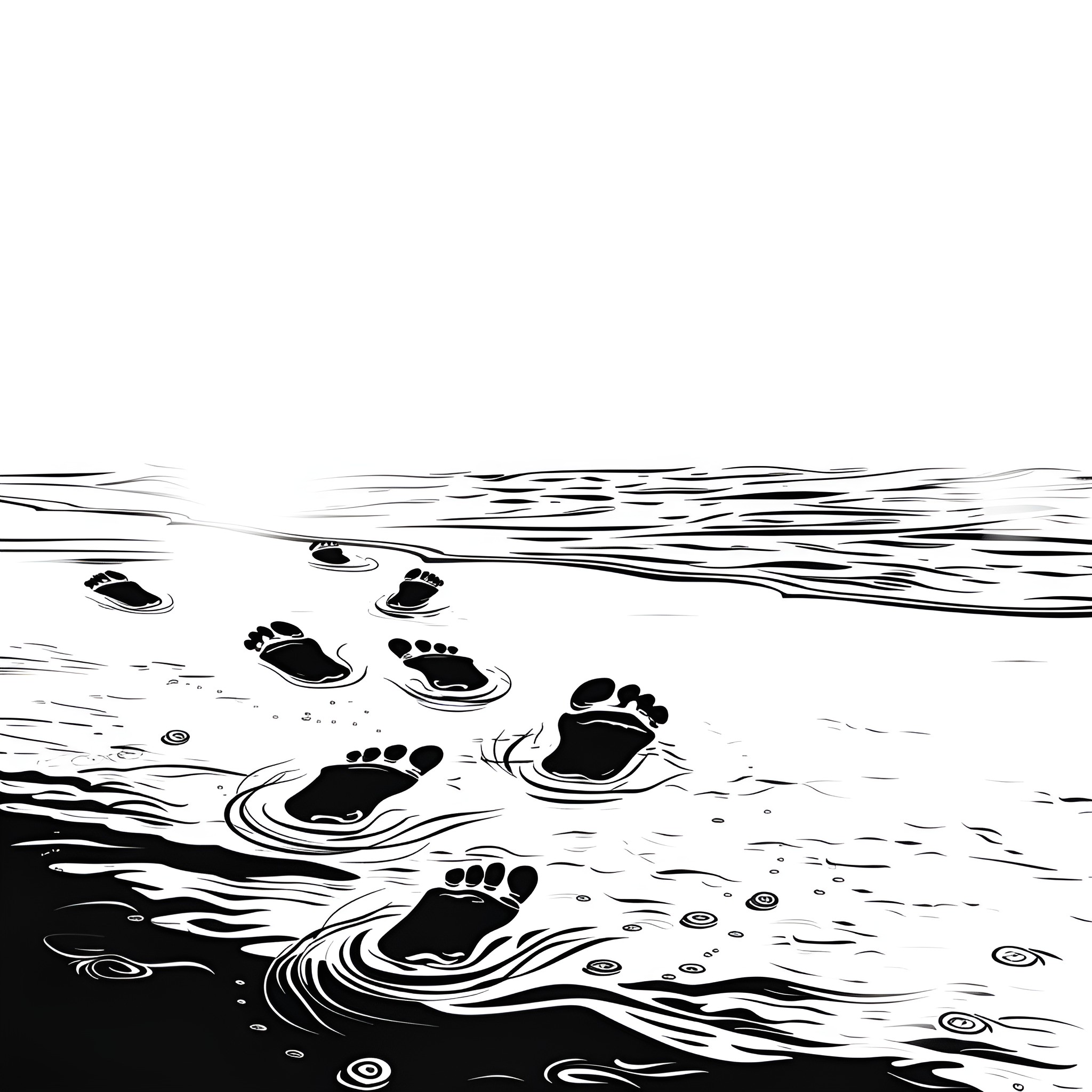 Beach Footprints in the Sand Drawing Idea (free black-and-white line drawing printable PDF for all, from beginners to advanced learners, including children, teens, adults, and seniors)