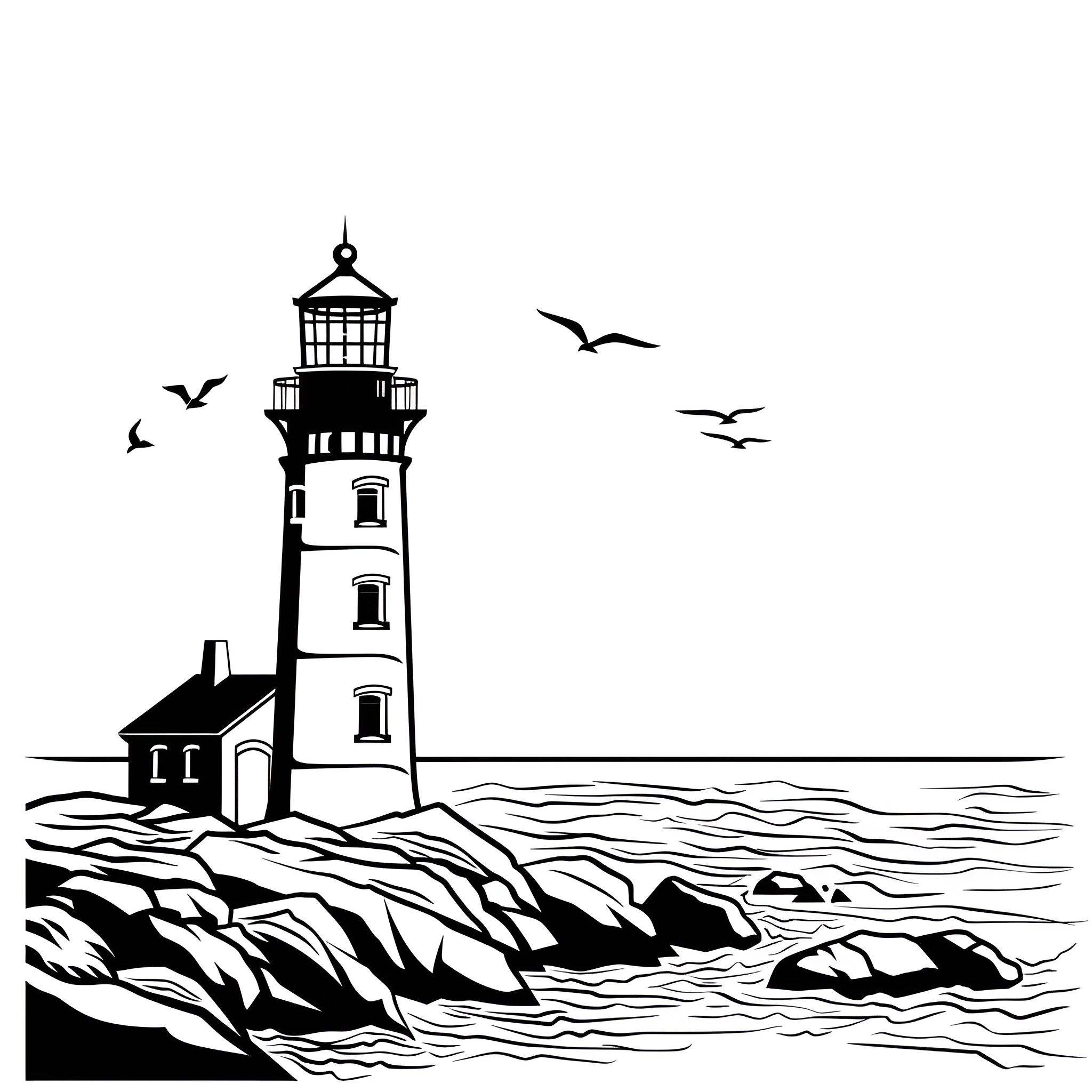 Beach lighthouse with seagulls on the coastline Drawing Idea (free black-and-white line drawing printable PDF for all, from beginners to advanced learners, including children, teens, adults, and seniors)