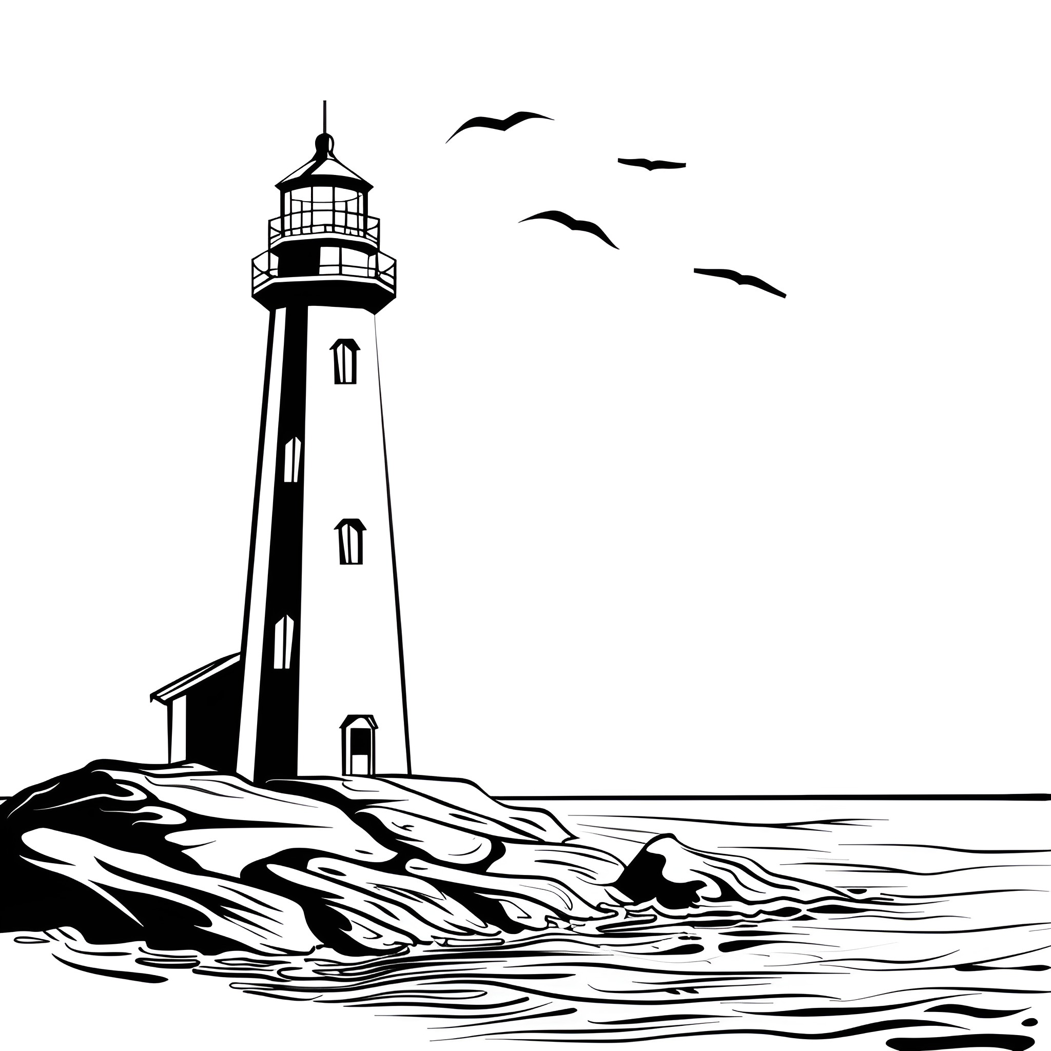 Beach lighthouse and seagulls silhouette Drawing Idea (free black-and-white line drawing printable PDF for all, from beginners to advanced learners, including children, teens, adults, and seniors)