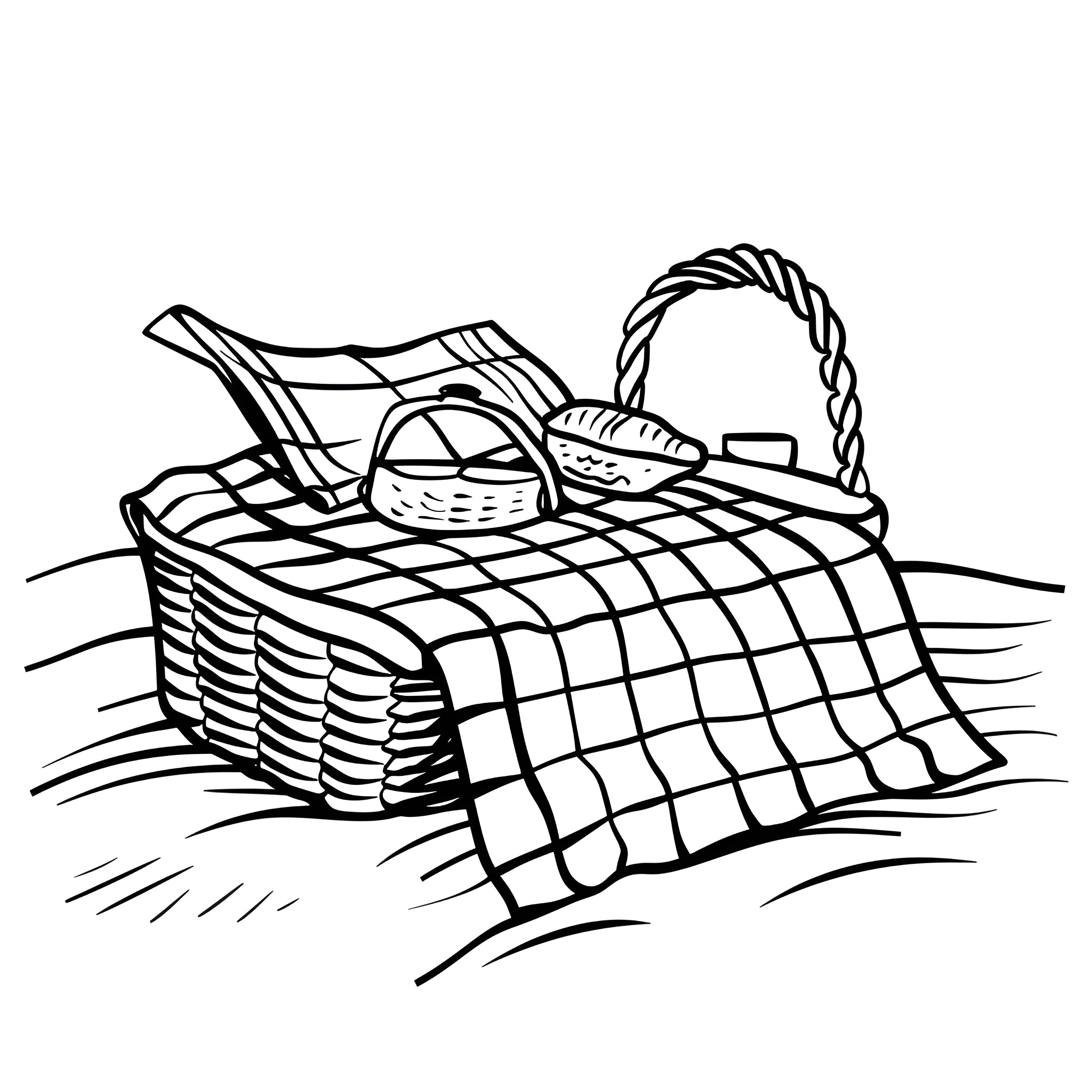Beach picnic scene with basket and blanket Drawing Idea (free black-and-white line drawing printable PDF for all, from beginners to advanced learners, including children, teens, adults, and seniors)