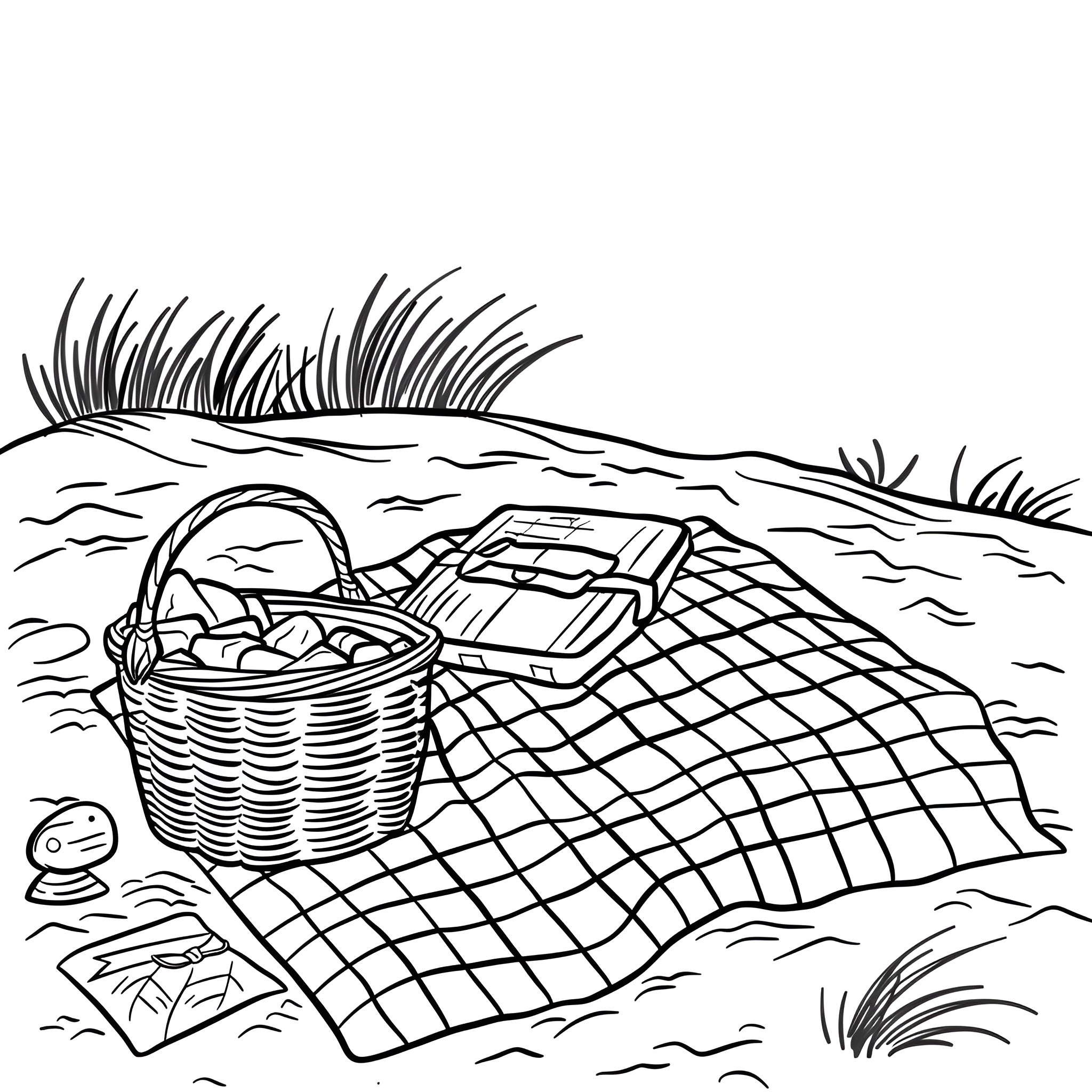 Beach picnic with basket and blanket Drawing Idea (free black-and-white line drawing printable PDF for all, from beginners to advanced learners, including children, teens, adults, and seniors)