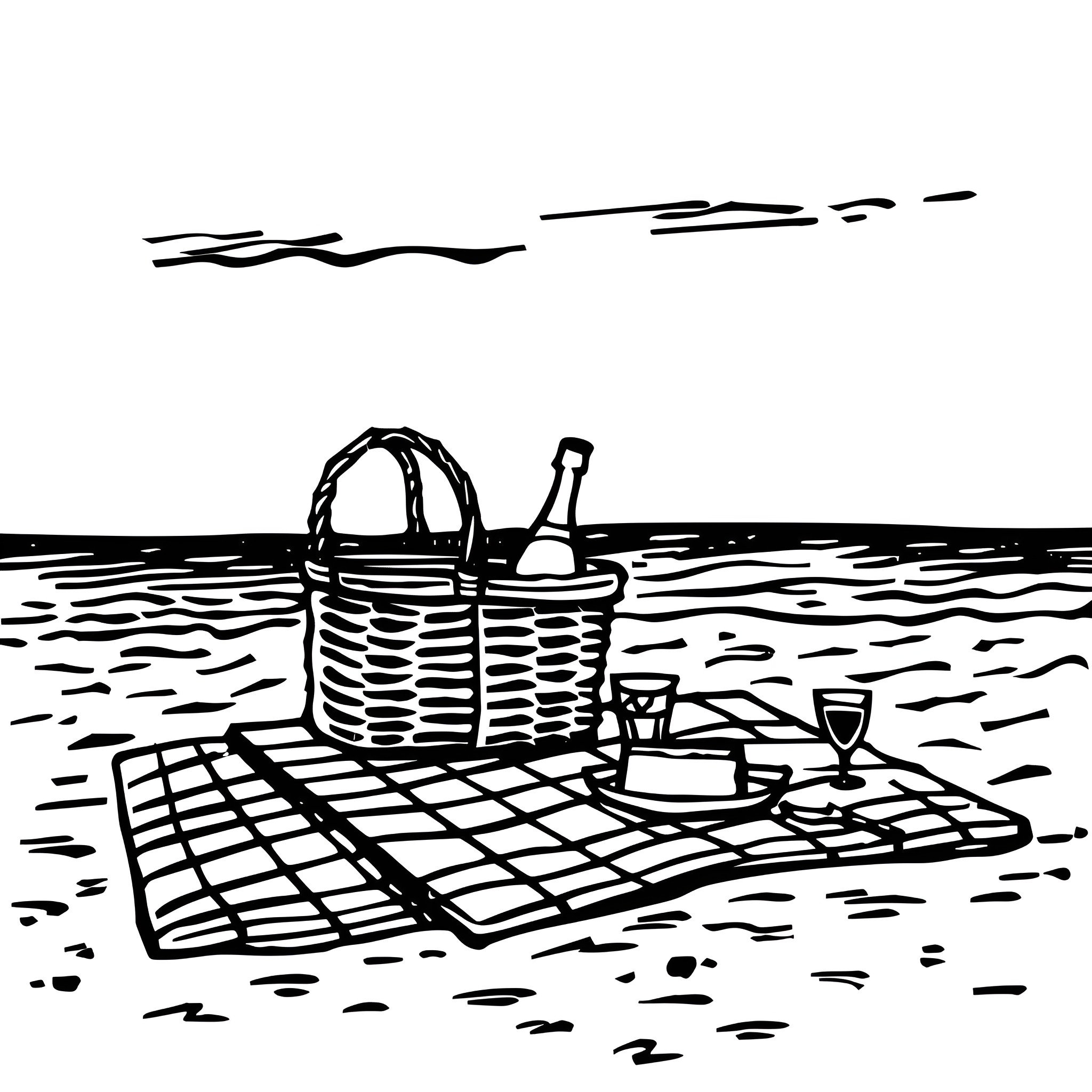 Beach picnic scene with basket and tableware Drawing Idea (free black-and-white line drawing printable PDF for all, from beginners to advanced learners, including children, teens, adults, and seniors)