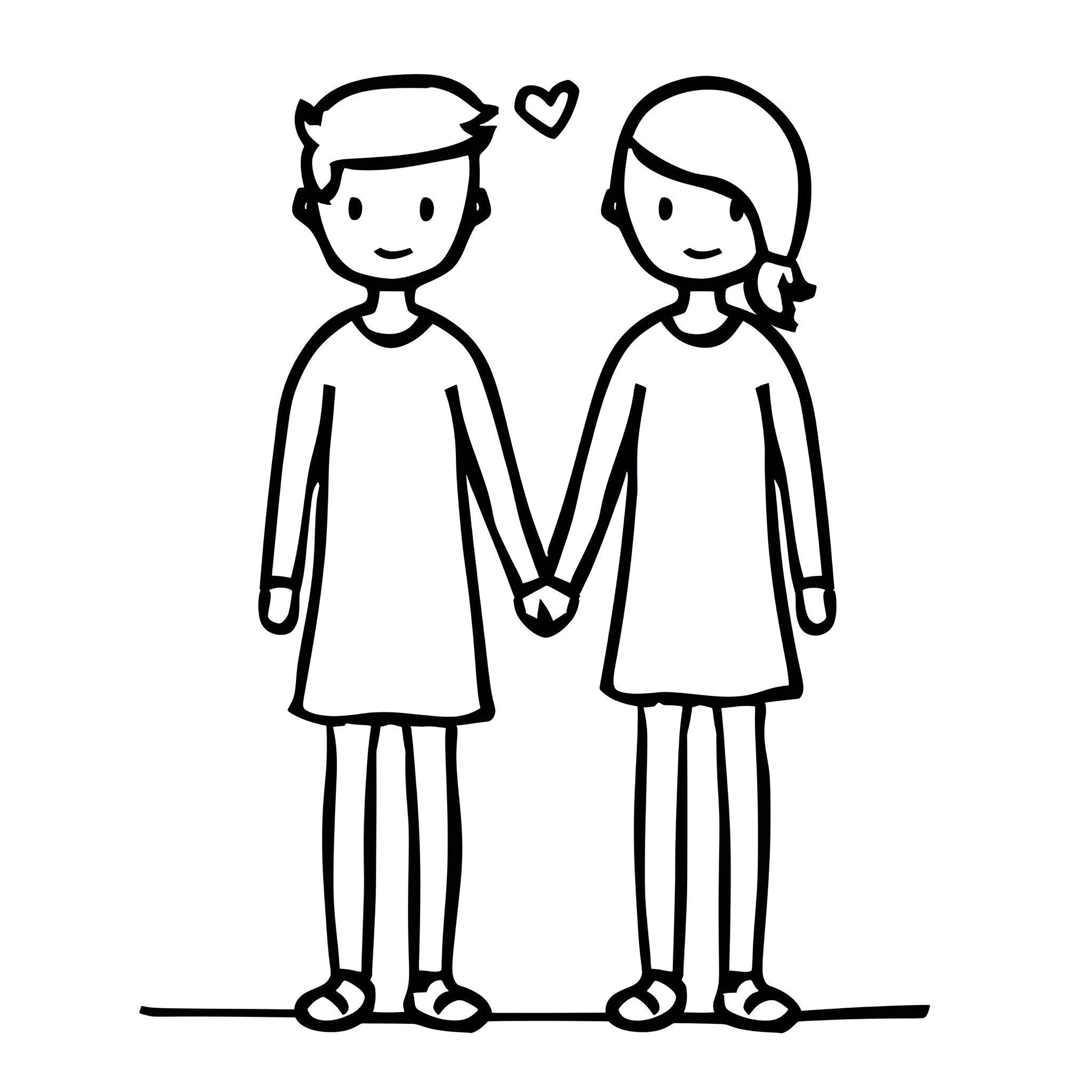 Couple holding hands and smiling Drawing Idea (free black-and-white line drawing printable PDF for all, from beginners to advanced learners, including children, teens, adults, and seniors)