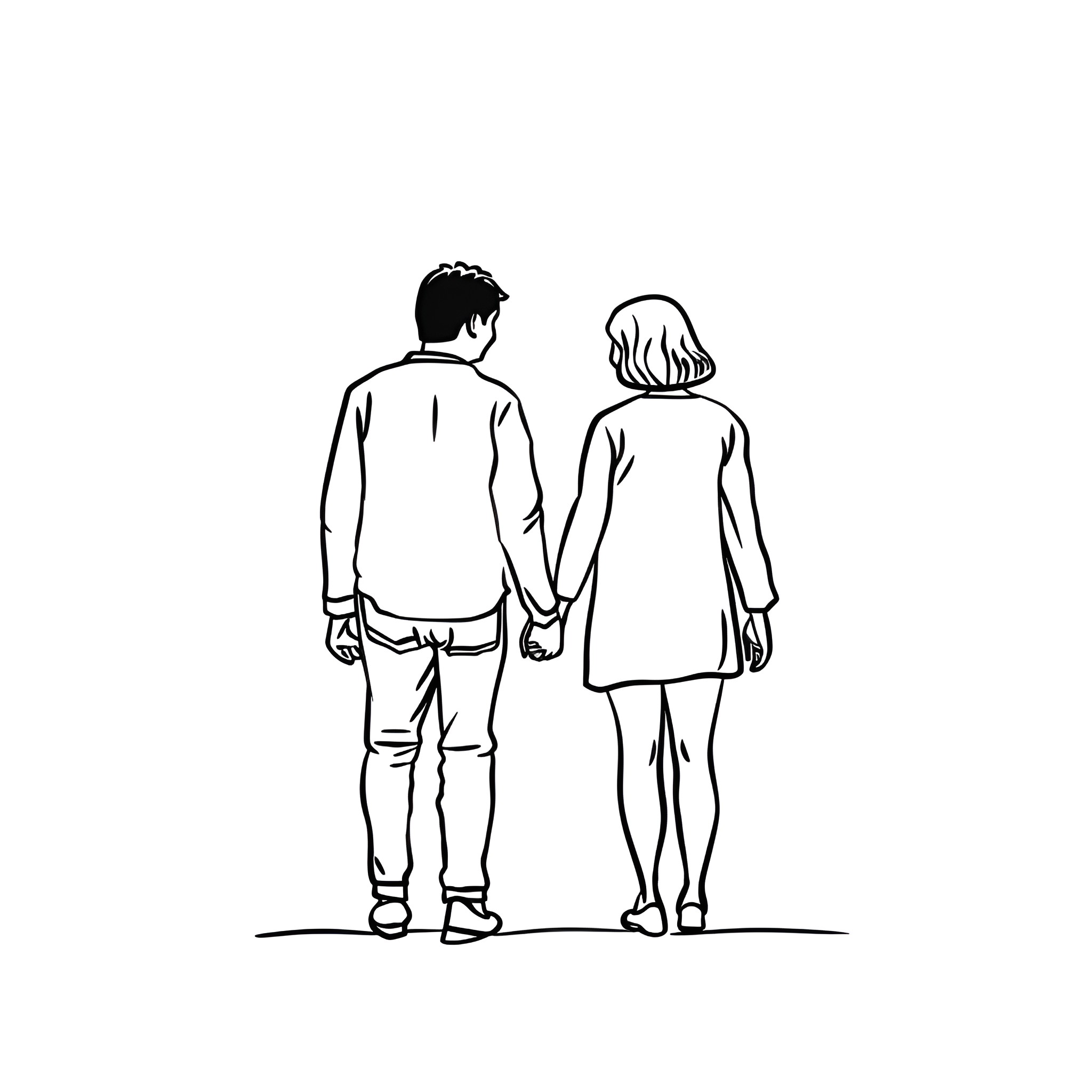 Couple holding hands, walking together Drawing Idea (free black-and-white line drawing printable PDF for all, from beginners to advanced learners, including children, teens, adults, and seniors)