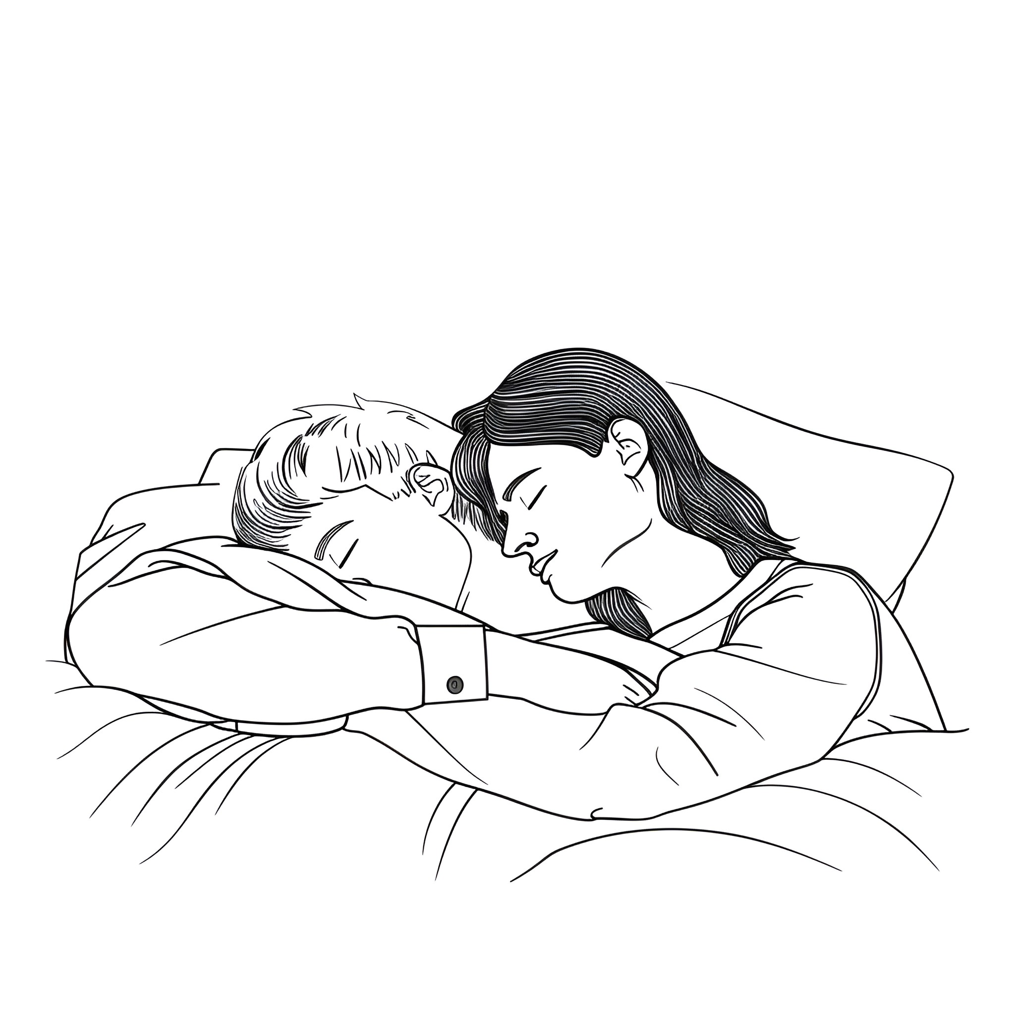 Couple embracing tenderly in bed Drawing Idea (free black-and-white line drawing printable PDF for all, from beginners to advanced learners, including children, teens, adults, and seniors)
