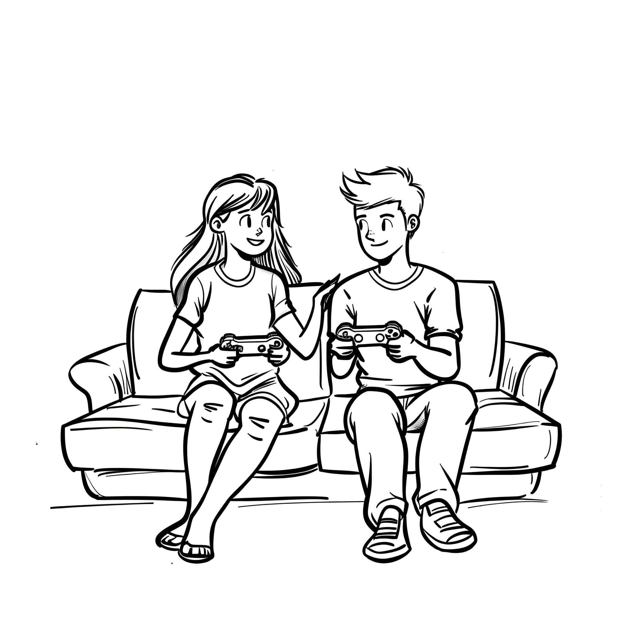 Couple playing video games together Drawing Idea (free black-and-white line drawing printable PDF for all, from beginners to advanced learners, including children, teens, adults, and seniors)